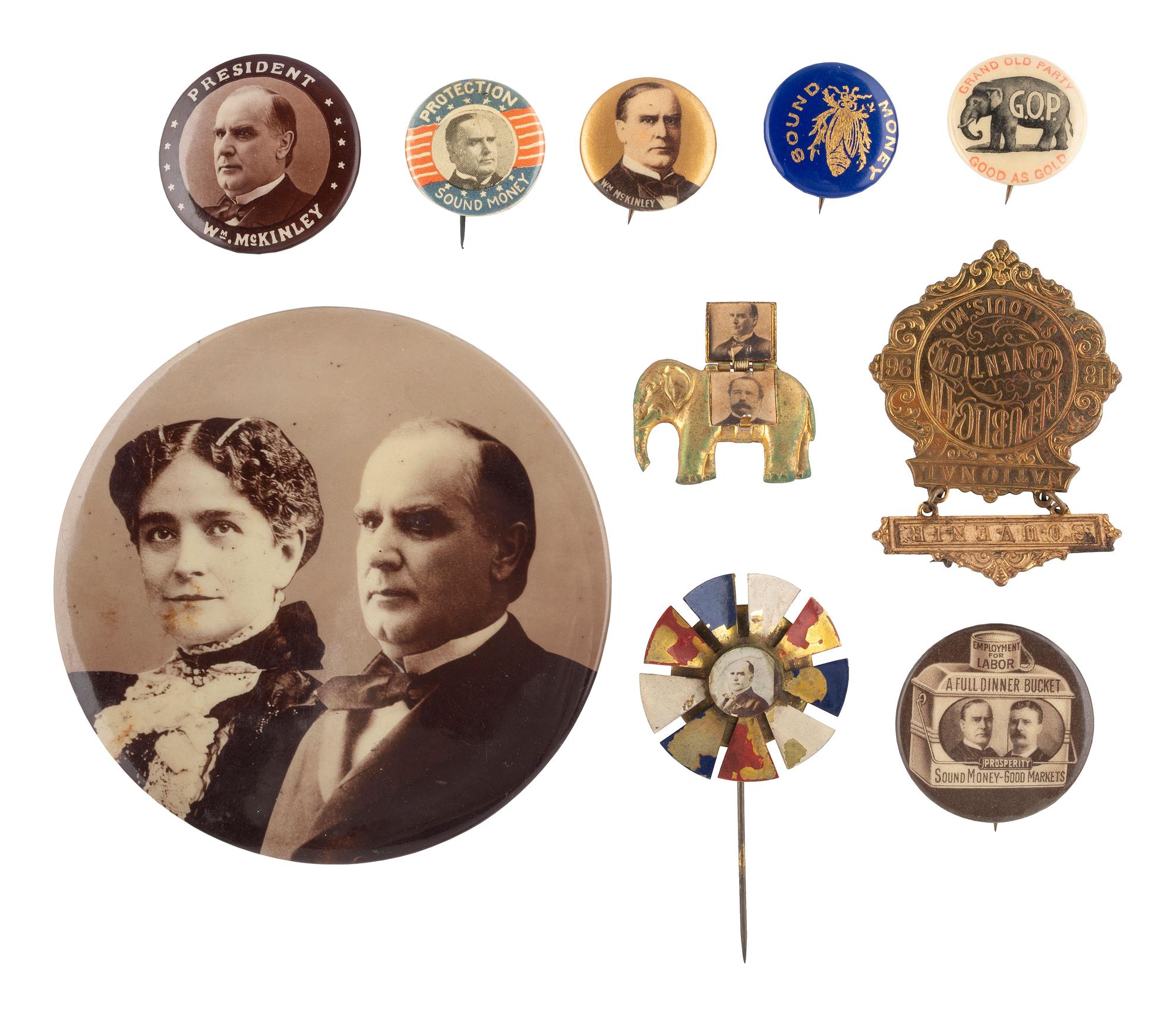 [MCKINLEY, William (1843-1901)]. A group of 10 campaign buttons and pinbacks, incl. "mechanical" elephant and stick pin, and jugate showing McKinley and Roosevelt.