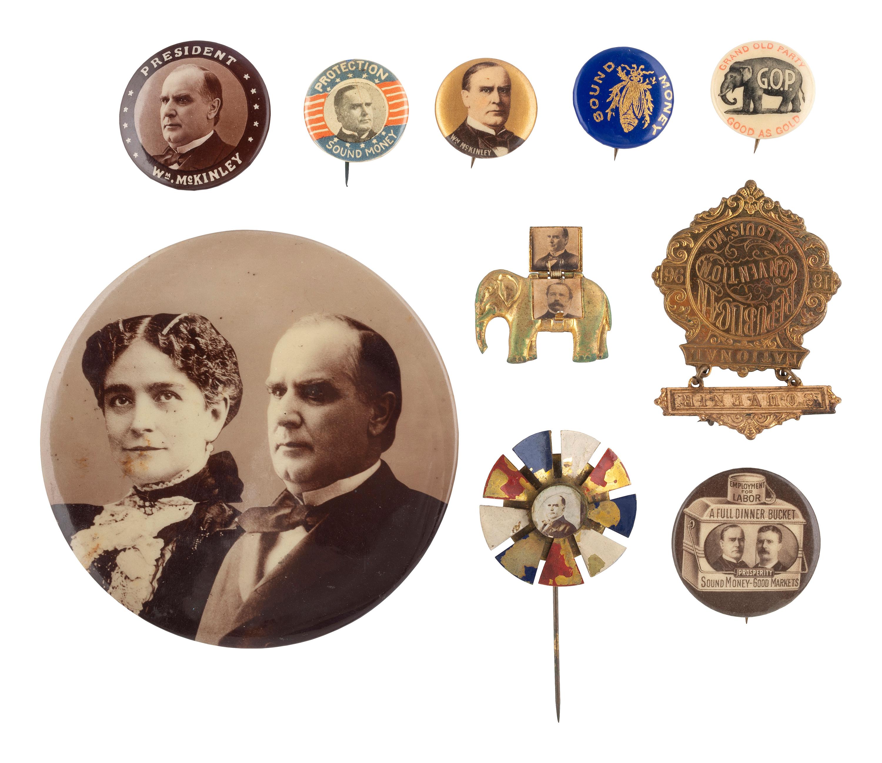 [MCKINLEY, William (1843-1901)]. A group of 10 campaign buttons and pinbacks, incl. "mechanical" elephant and stick pin, and jugate showing McKinley and Roosevelt.