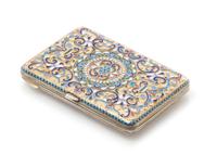 A Russian Enameled Silver-Gilt Cigarette Case, Mark of Nikolai Pavlov, Moscow, early 20th century, having a matted gilt base decorated