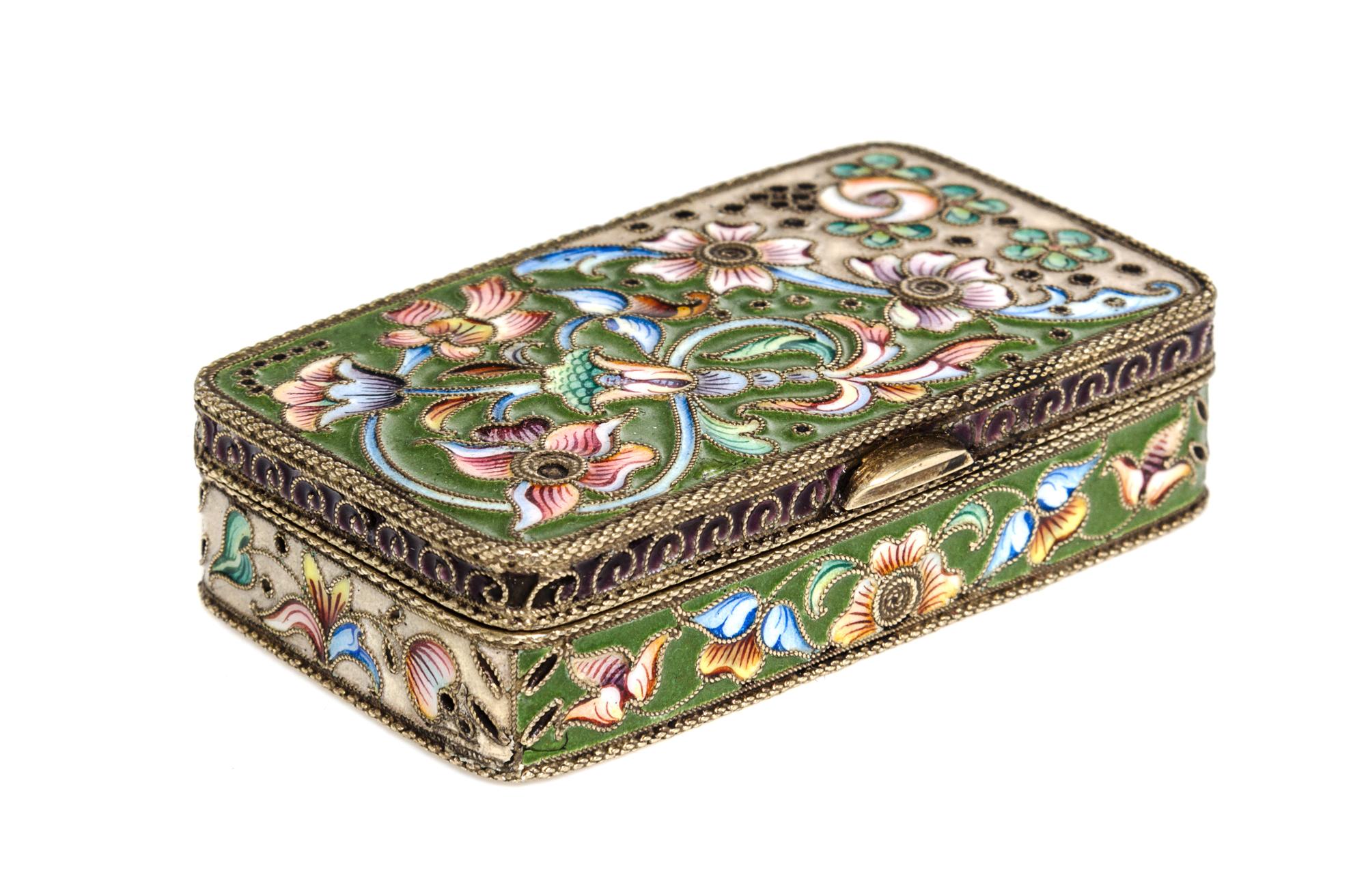 A Russian Enameled Gilt-Silver Box, Moscow, 1908-1926, of rectangular form with floral decoration.