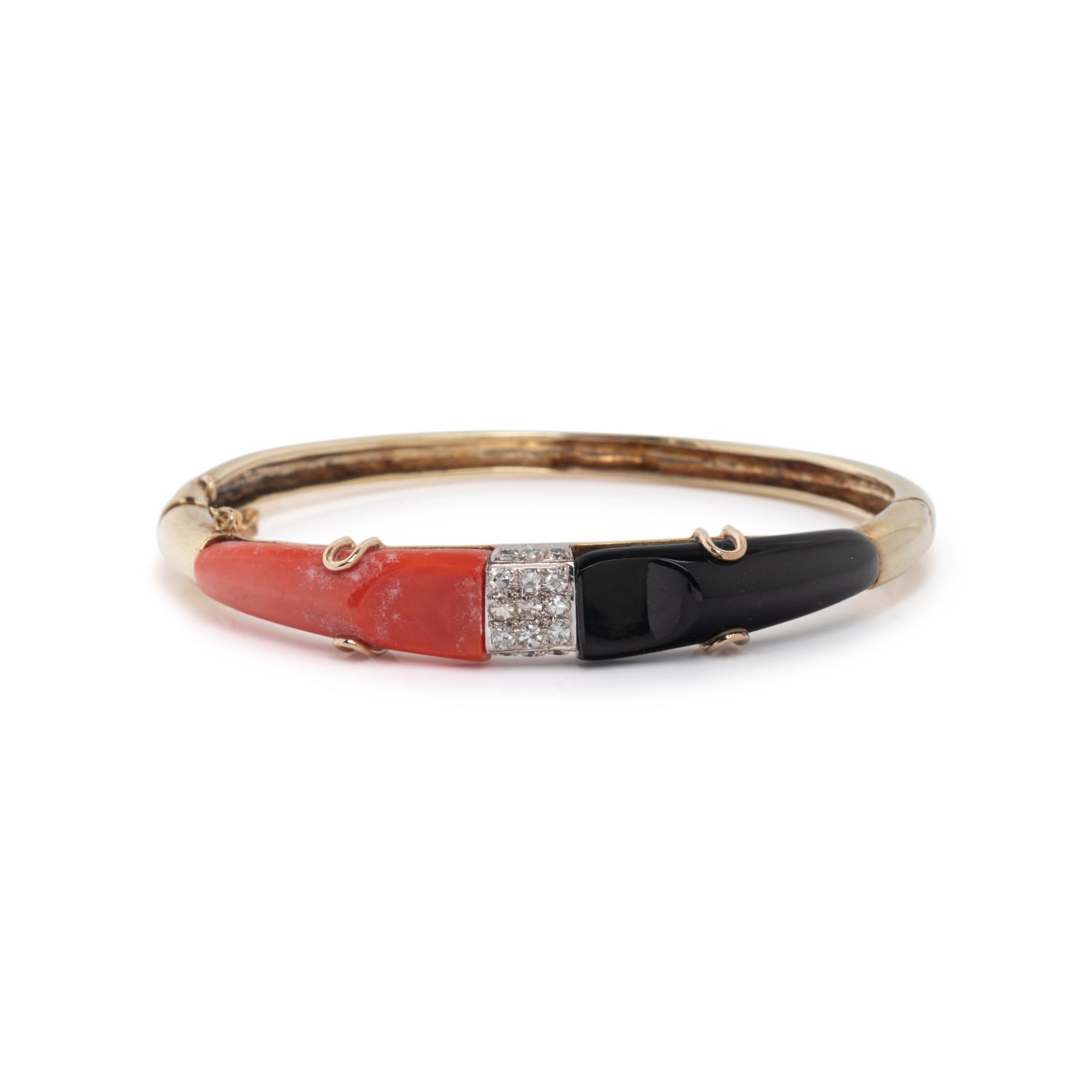 CORAL, ONYX AND DIAMOND BANGLE BRACELET