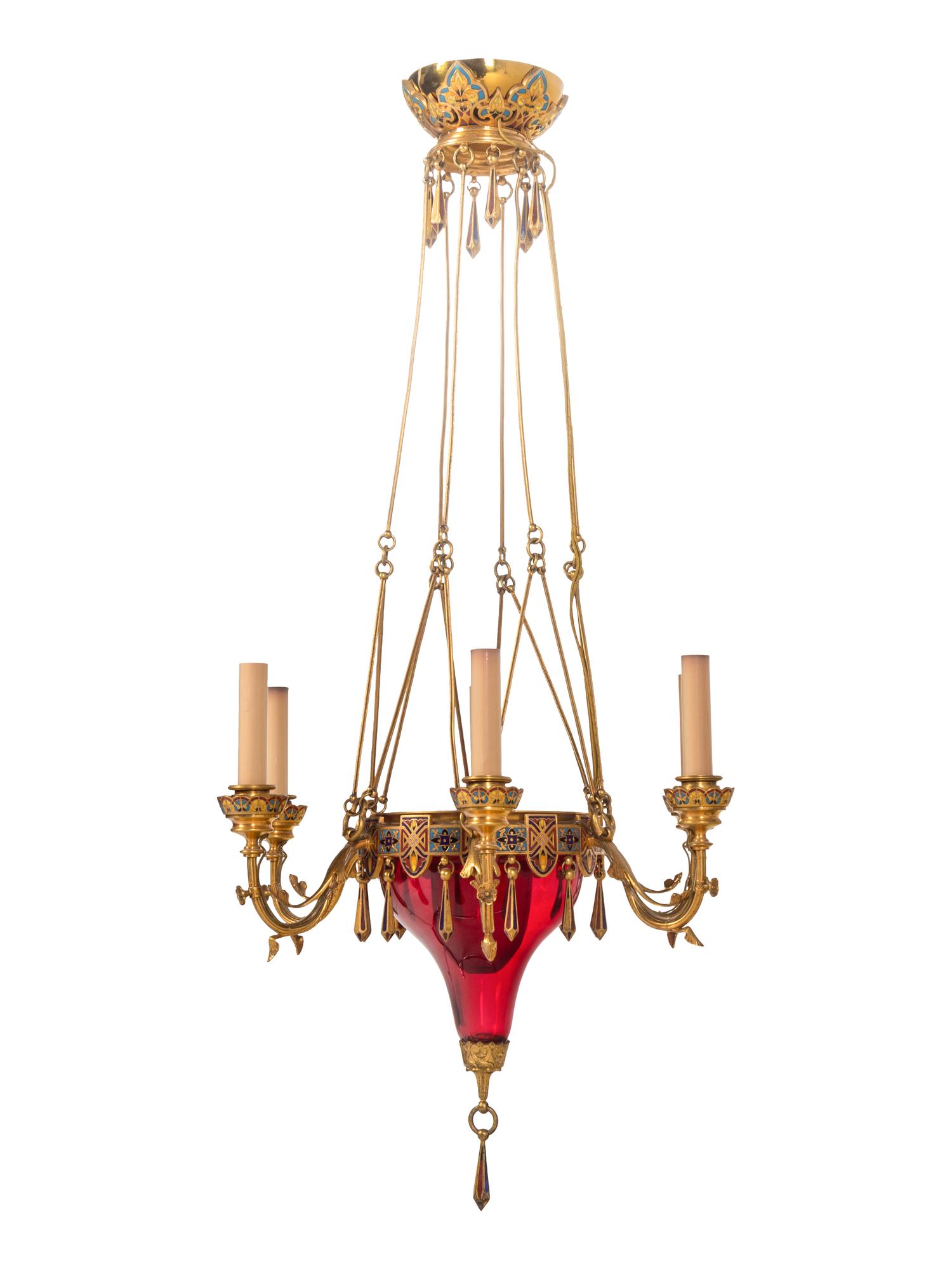 A Bohemian Champlevé Enamel, Gilt Bronze and Ruby Glass Six-Light Chandelier