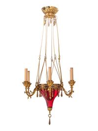 A Bohemian Champlevé Enamel, Gilt Bronze and Ruby Glass Six-Light Chandelier