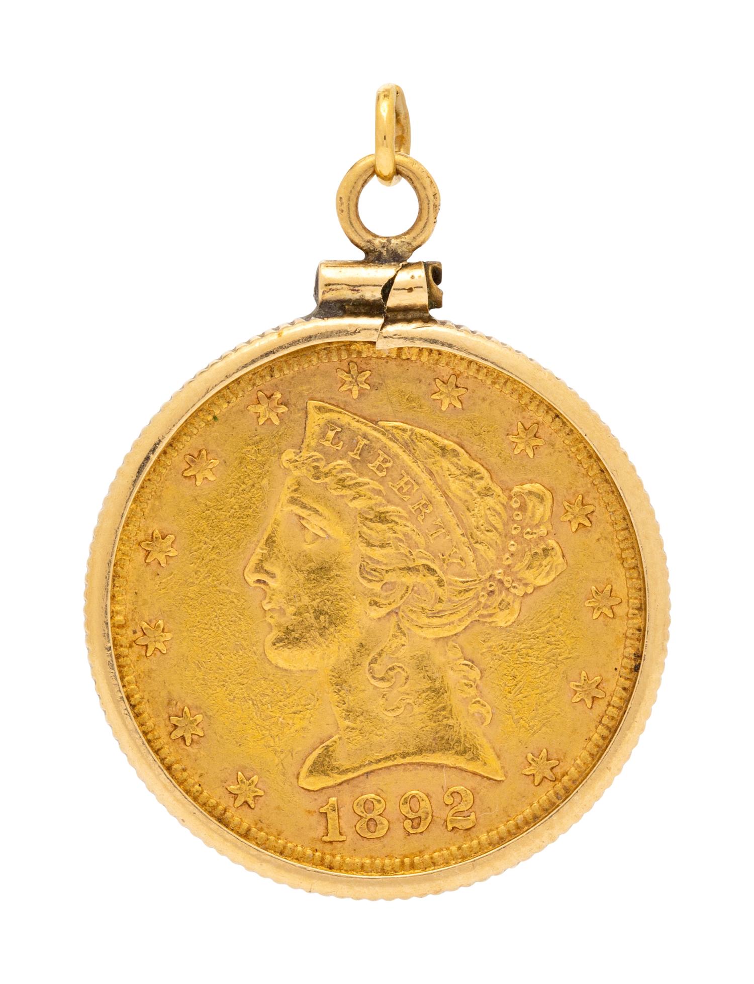 A 14 Karat Yellow Gold and US $5 Dollar Liberty Head Coin Pendant,