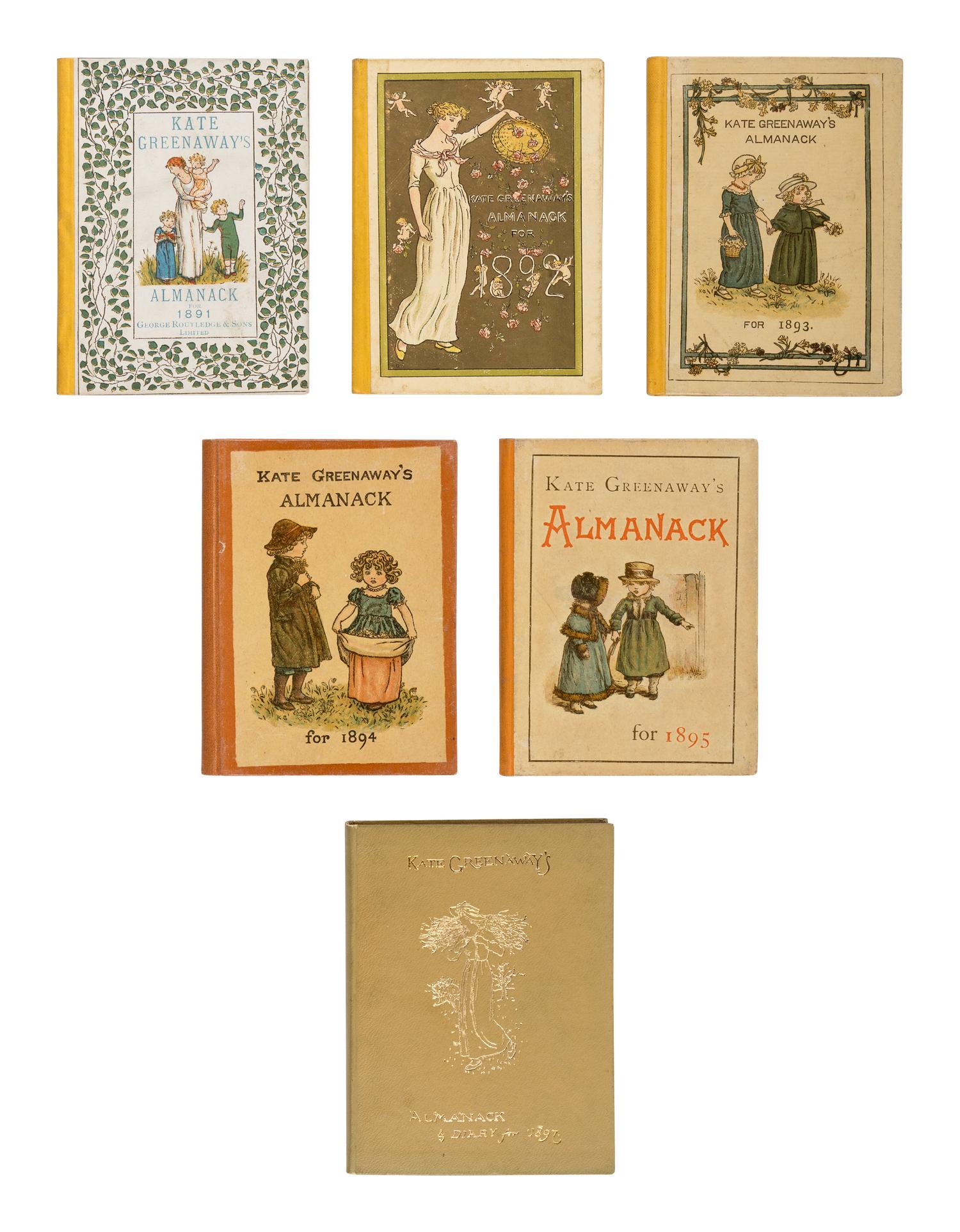 [CHILDREN'S BOOKS]. GREENAWAY, Kate (1846-1901). Almanack for 1883 [ -1895 ]. London: George Routledge & Sons, 1883[-1895]. -- Almanack & Diary for 1897 . London: J.M. Dent & Co., [1896].