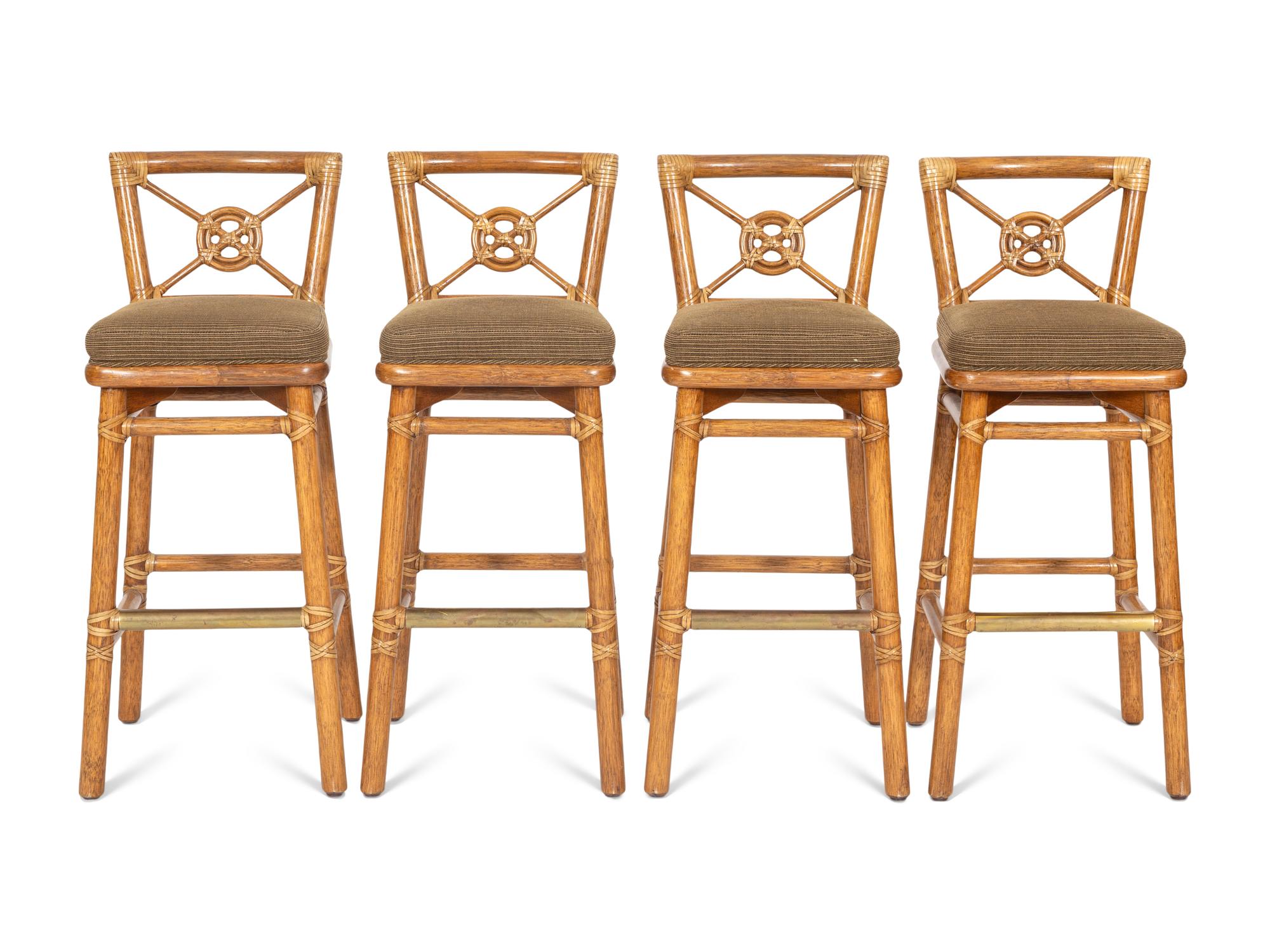 A Set of Four McGuire Rattan Target Bar Stools