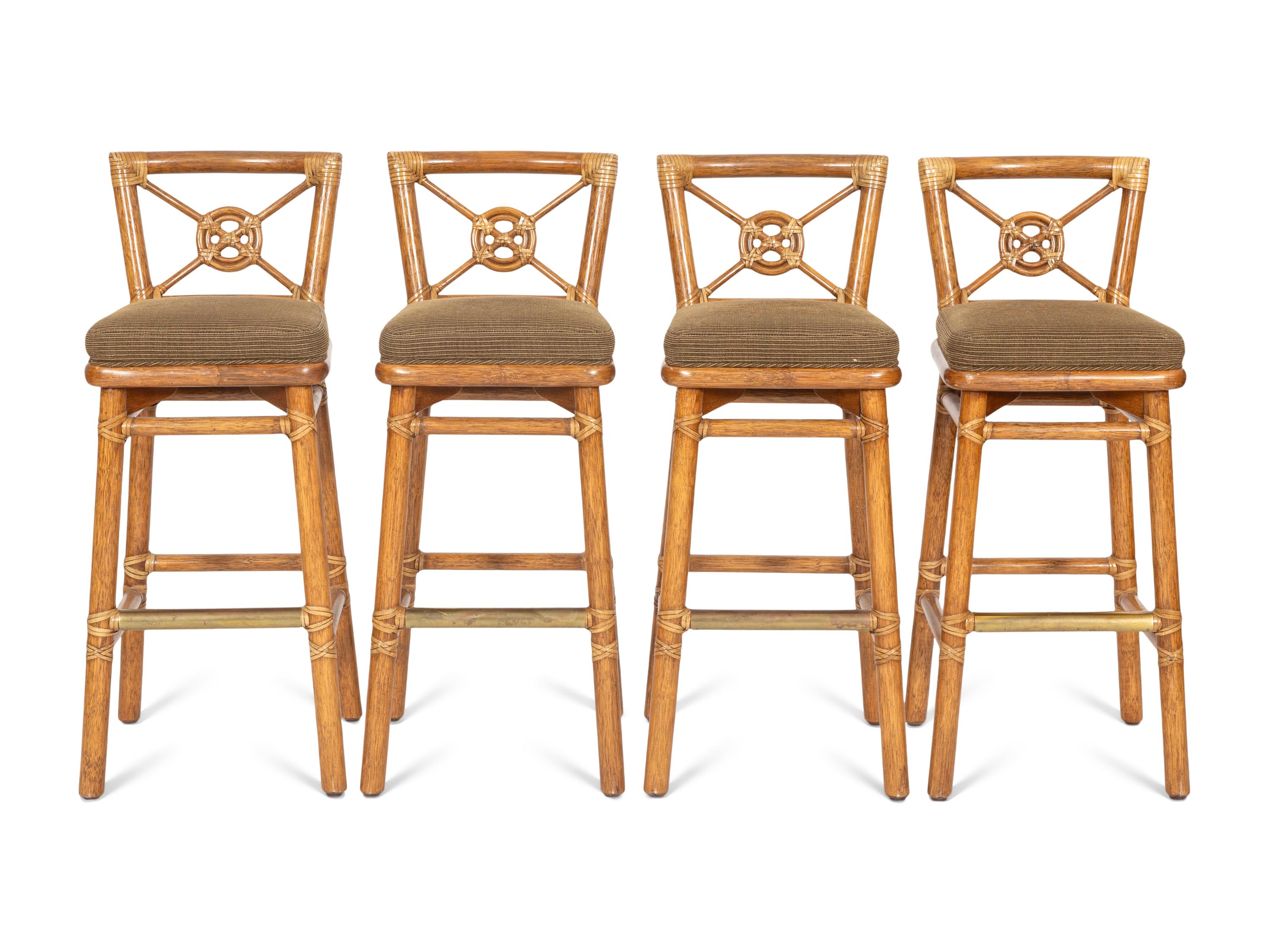 A Set of Four McGuire Rattan Target Bar Stools