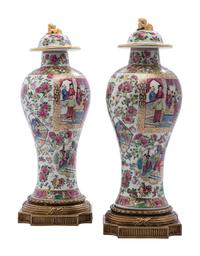 A Pair of Famille Rose Porcelain Gilt Metal Mounted Urns