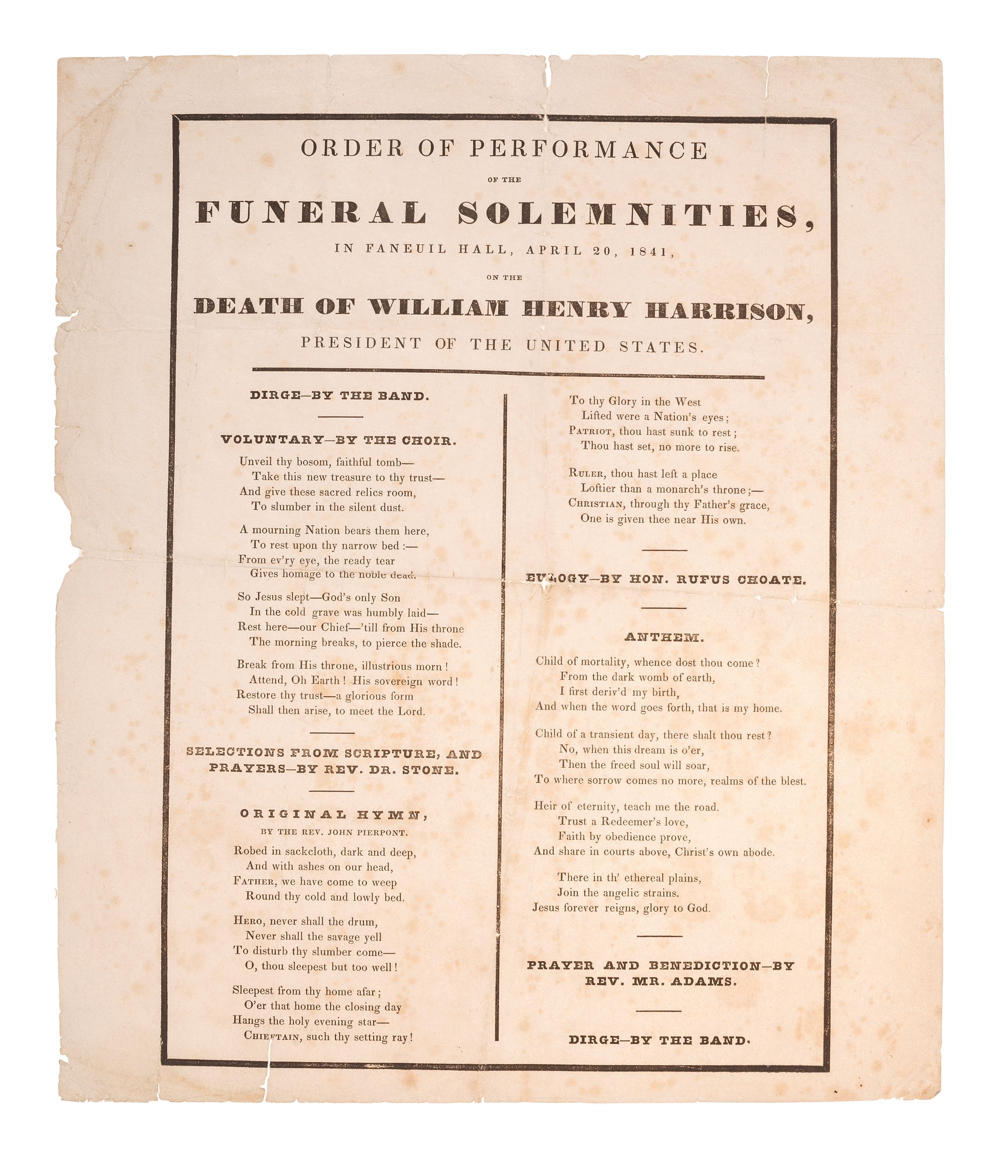 [HARRISON, William Henry]. A group of broadsides, handbills, and manuscripts related to the funeral of William Henry Harrison.