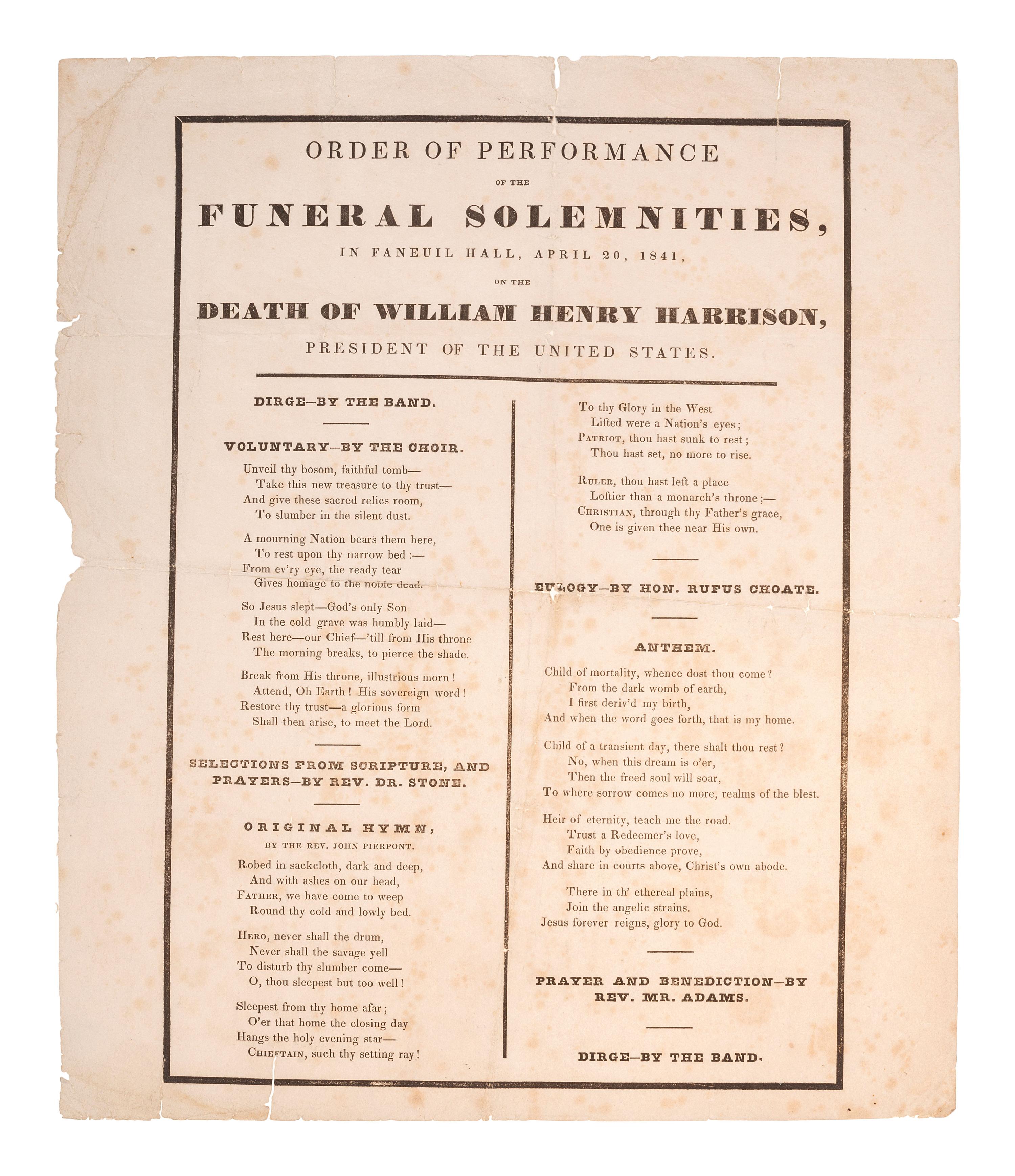 [HARRISON, William Henry]. A group of broadsides, handbills, and manuscripts related to the funeral of William Henry Harrison.