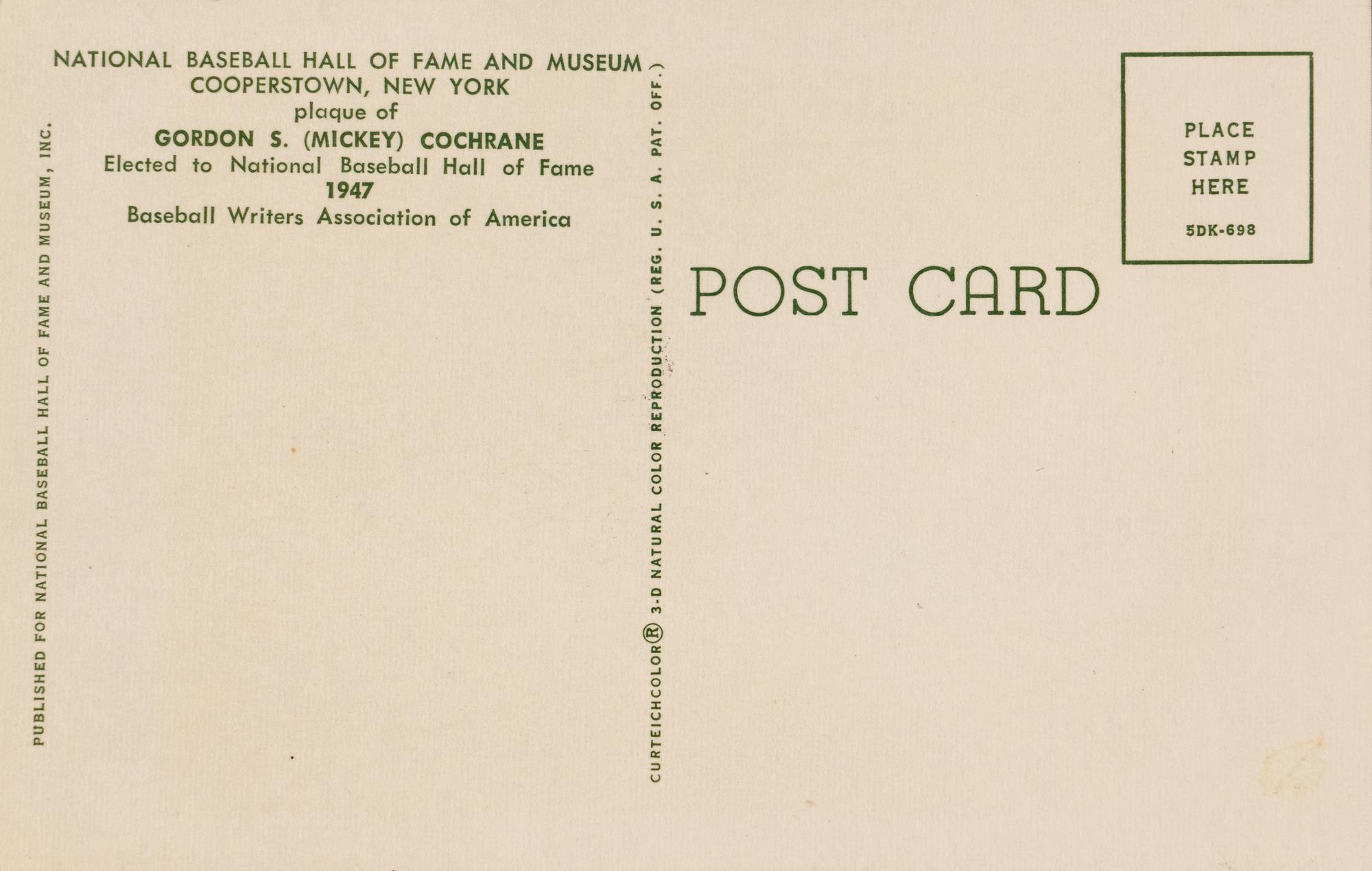 A Mickey Cochrane Hall of Fame Postcard With Cut Gordon Cochrane Signature (Beckett Authentication Services Pre Certified)