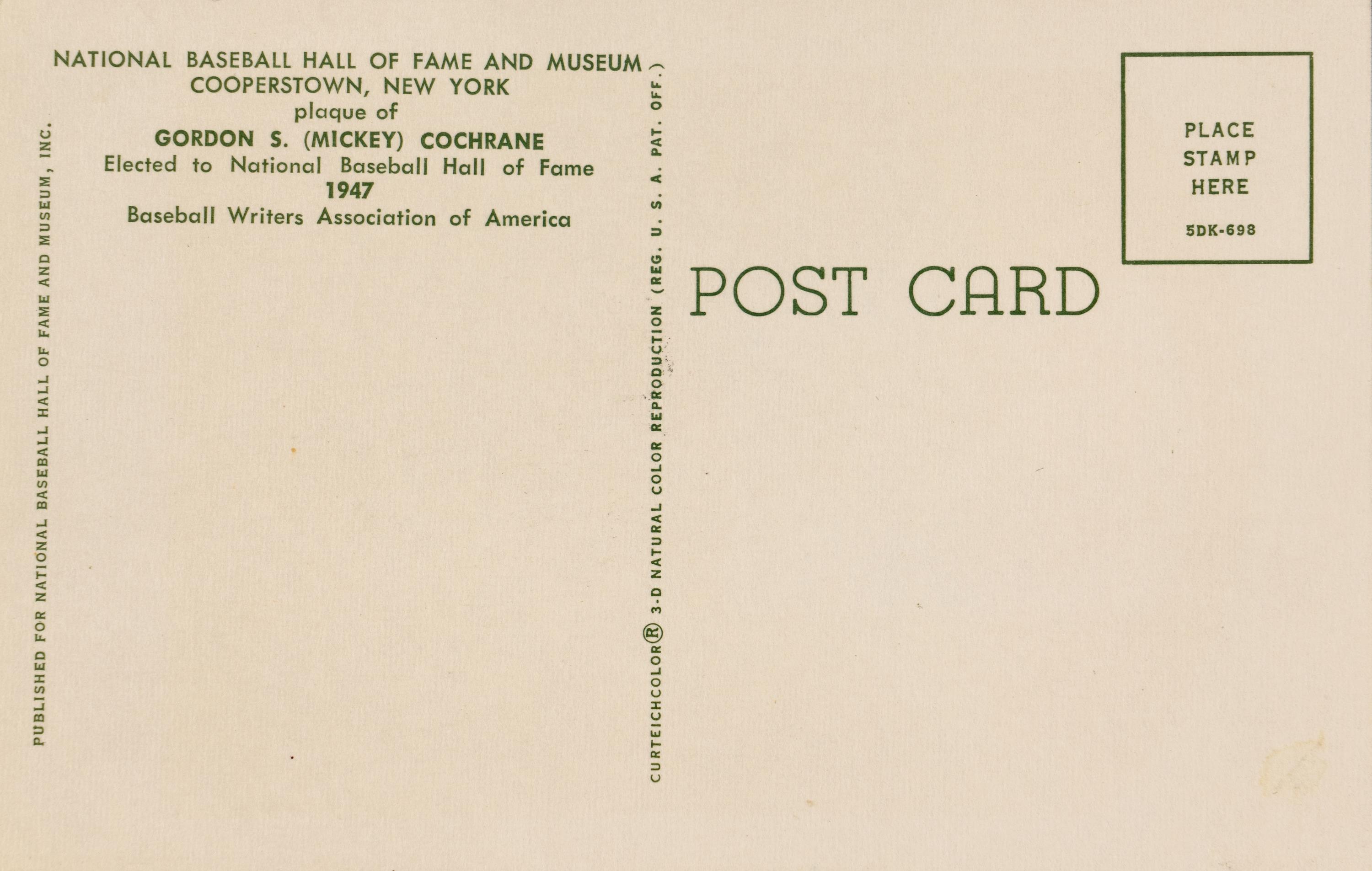 A Mickey Cochrane Hall of Fame Postcard With Cut Gordon Cochrane Signature (Beckett Authentication Services Pre Certified)