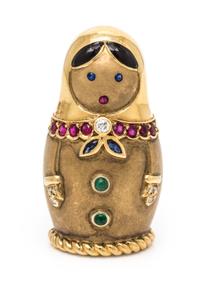 An 18 Karat Yellow Gold, Ruby, Emerald, Diamond, Sapphire and Enamel Matryoshka Doll Motif Brooch, Fred, 13.10 dwts.