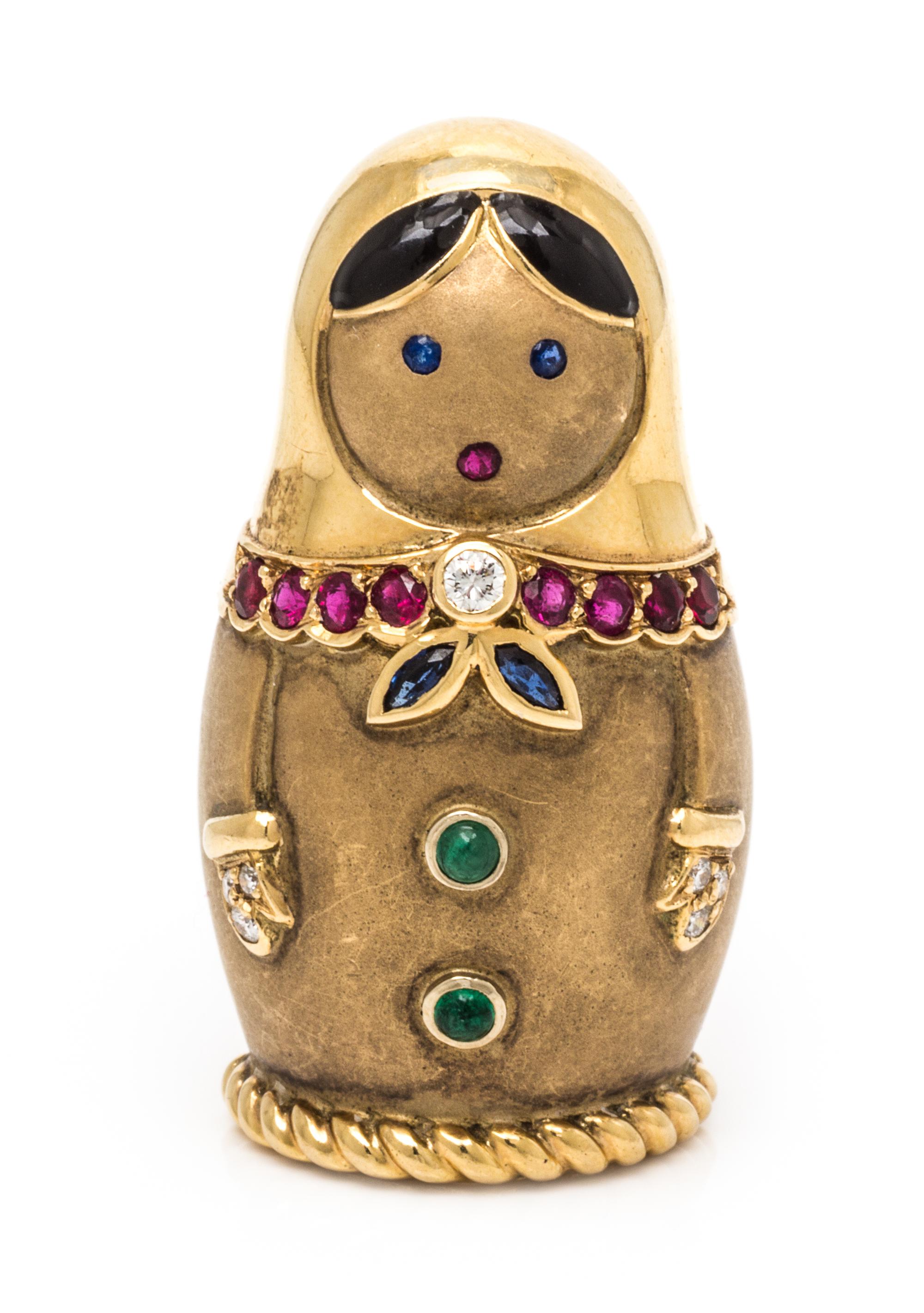 An 18 Karat Yellow Gold, Ruby, Emerald, Diamond, Sapphire and Enamel Matryoshka Doll Motif Brooch, Fred, 13.10 dwts.
