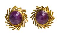 A Pair of 14 Karat Yellow Gold and Ruby Earclips, 20.20 dwts.