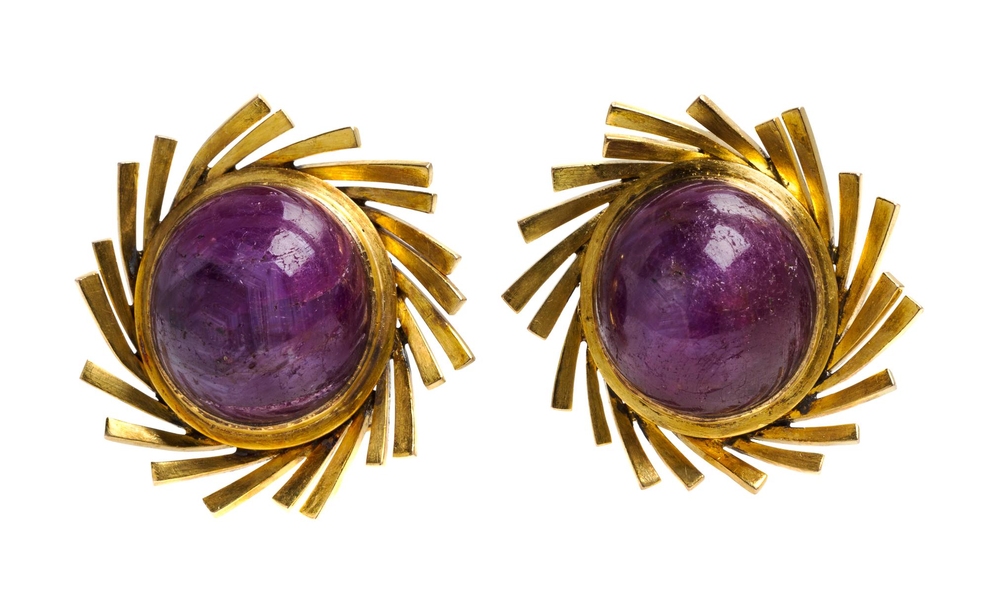 A Pair of 14 Karat Yellow Gold and Ruby Earclips, 20.20 dwts.
