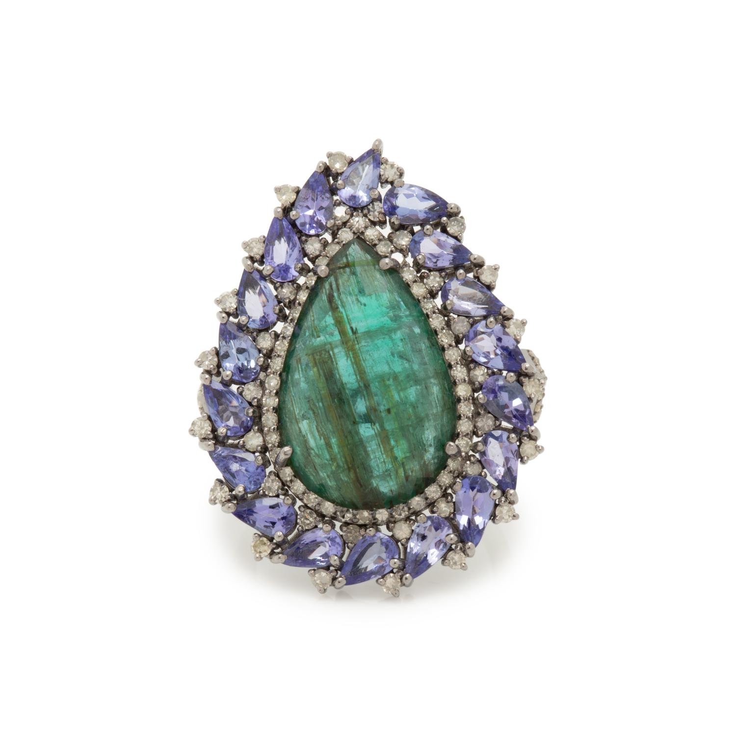EMERALD, TANZANITE AND DIAMOND RING