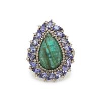 EMERALD, TANZANITE AND DIAMOND RING