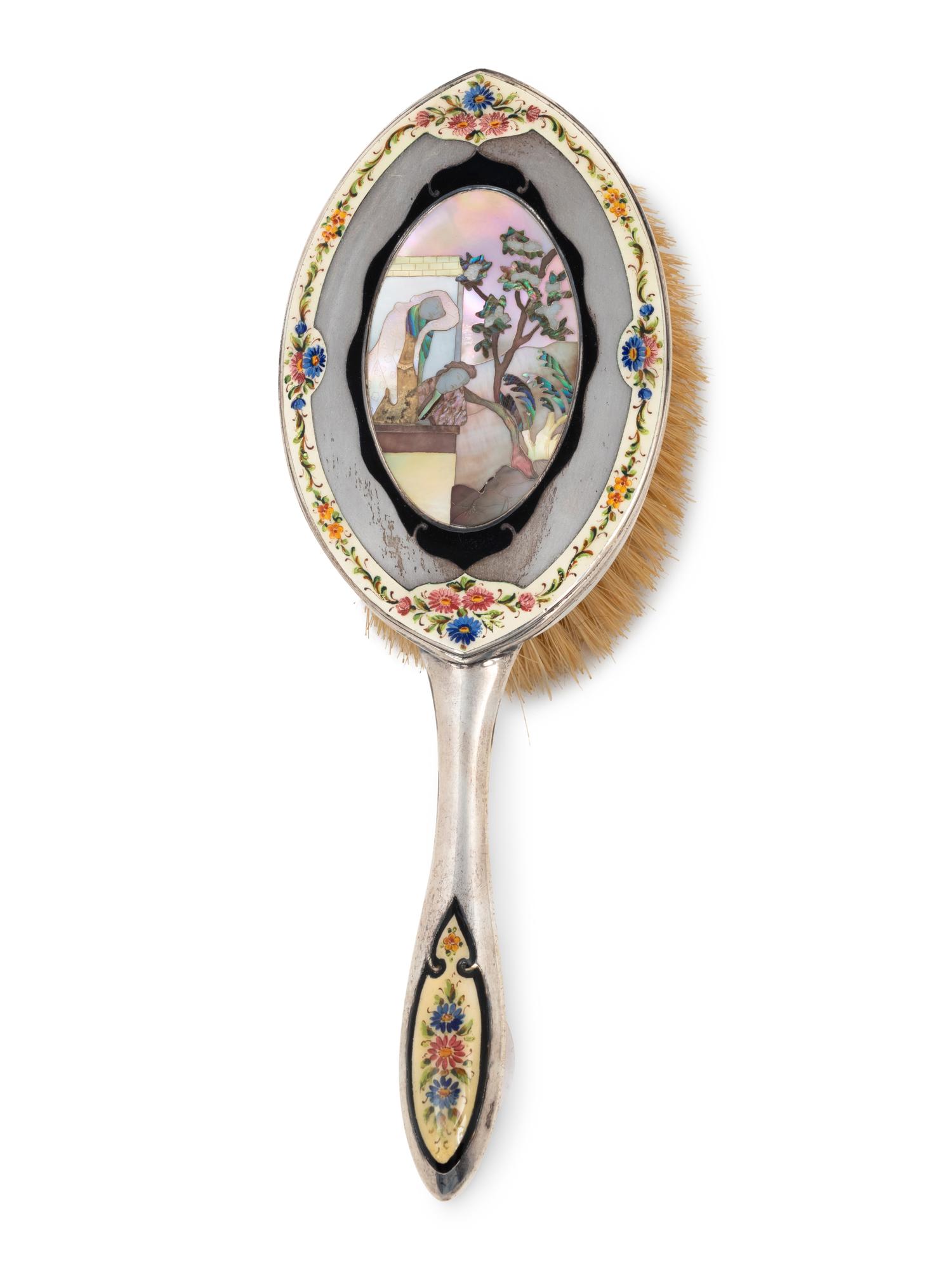 An Austrian Abalone, Enamel and Hardstone Inset Silver Eight-Piece Dresser Set