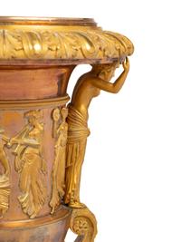 A Pair of Neoclassical Gilt Bronze and Marble Campagna-Form Urns