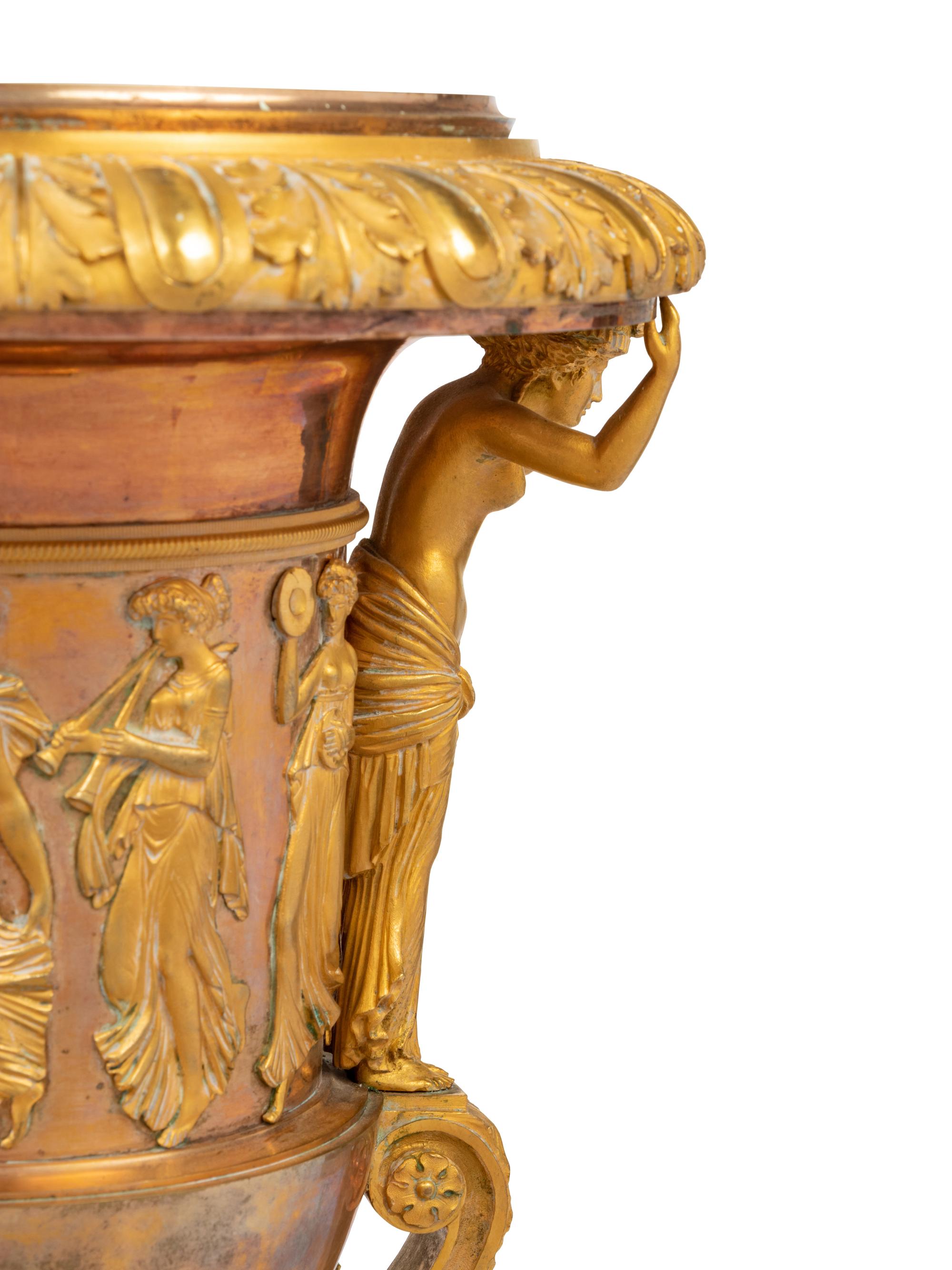 A Pair of Neoclassical Gilt Bronze and Marble Campagna-Form Urns