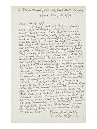 SANTAYANA, George (1863-1952). Autograph letter signed (“Santayana”), to [Alfred A.?] Knopf. Rome, 30 May 1931. 1 page, 8vo, with received stamp dated 11 June 1931, small tears along top edge.
