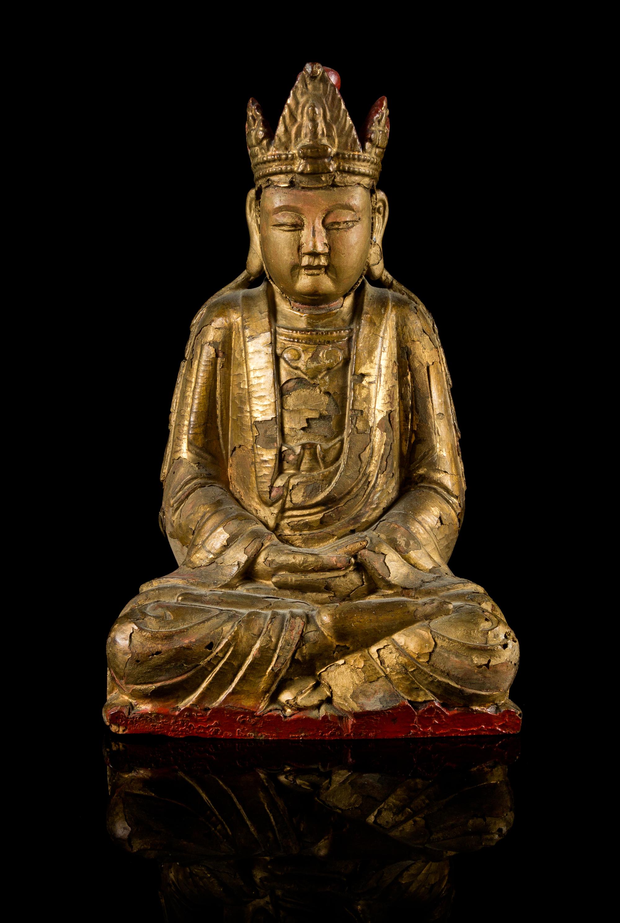 A Gilt Lacquered Wood Figure of Guanyin Height 12 inches.