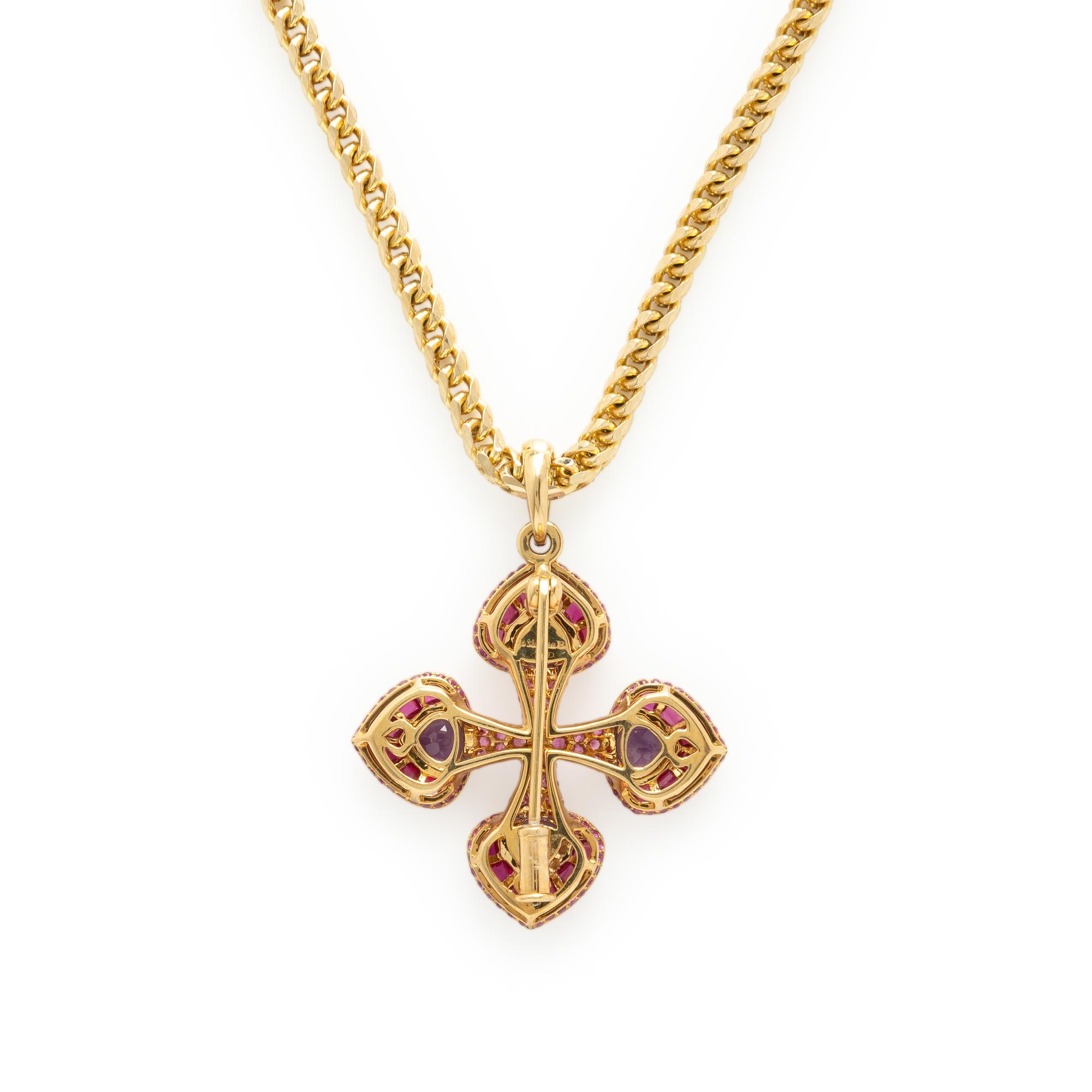 Marina B, Amethyst, Pink Sapphire, and Yellow Gold Cross Pendant Brooch