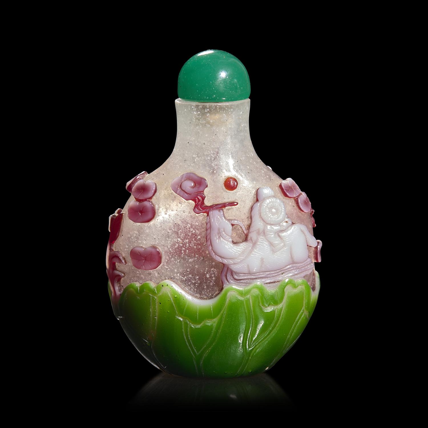 A Chinese Three Color Overlay "Boy and Oxen" Snuff Bottle