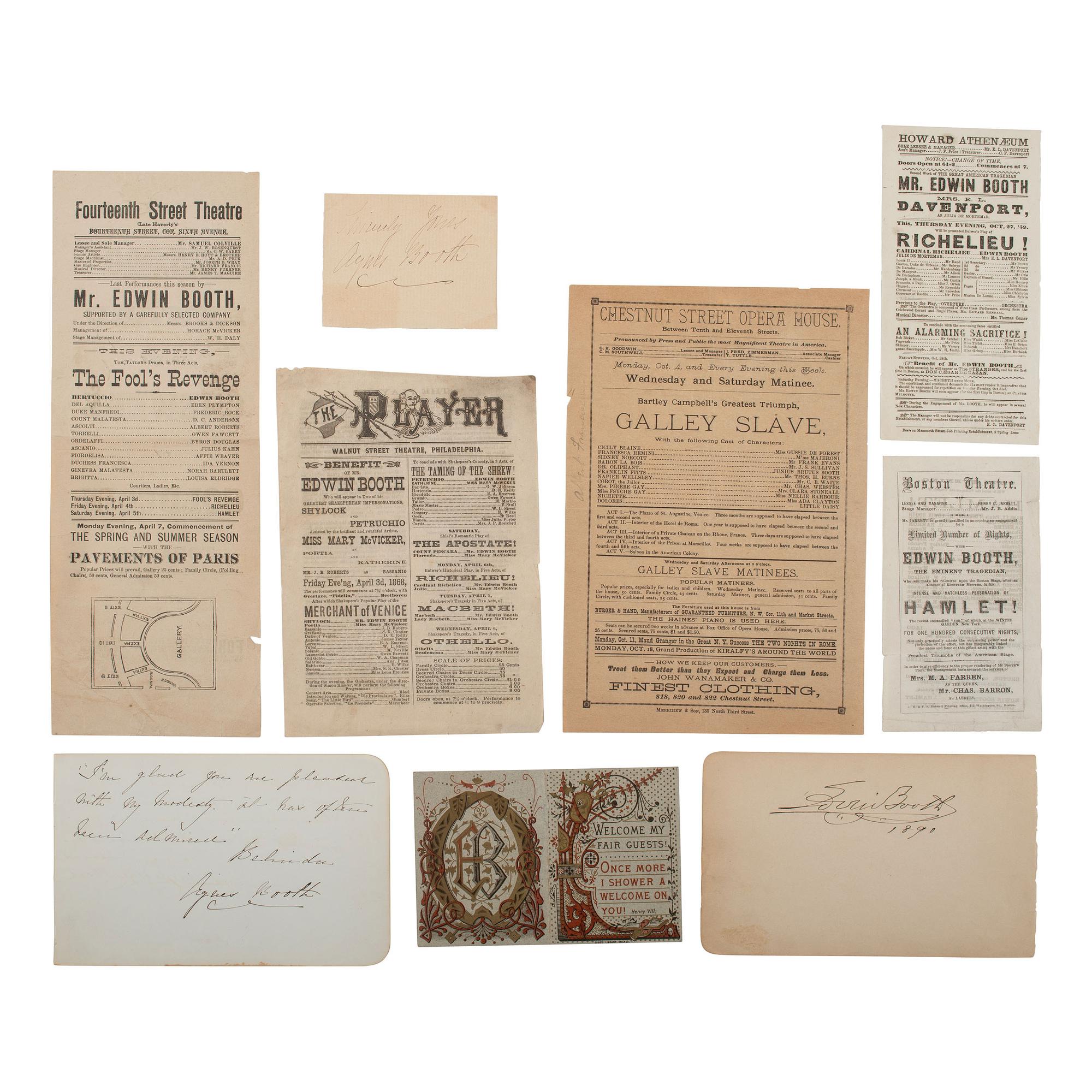 [Lincoln, Abraham] Group of 29 Items Related to the Booth family incl. Junius, Edwin, and John W. Booth.