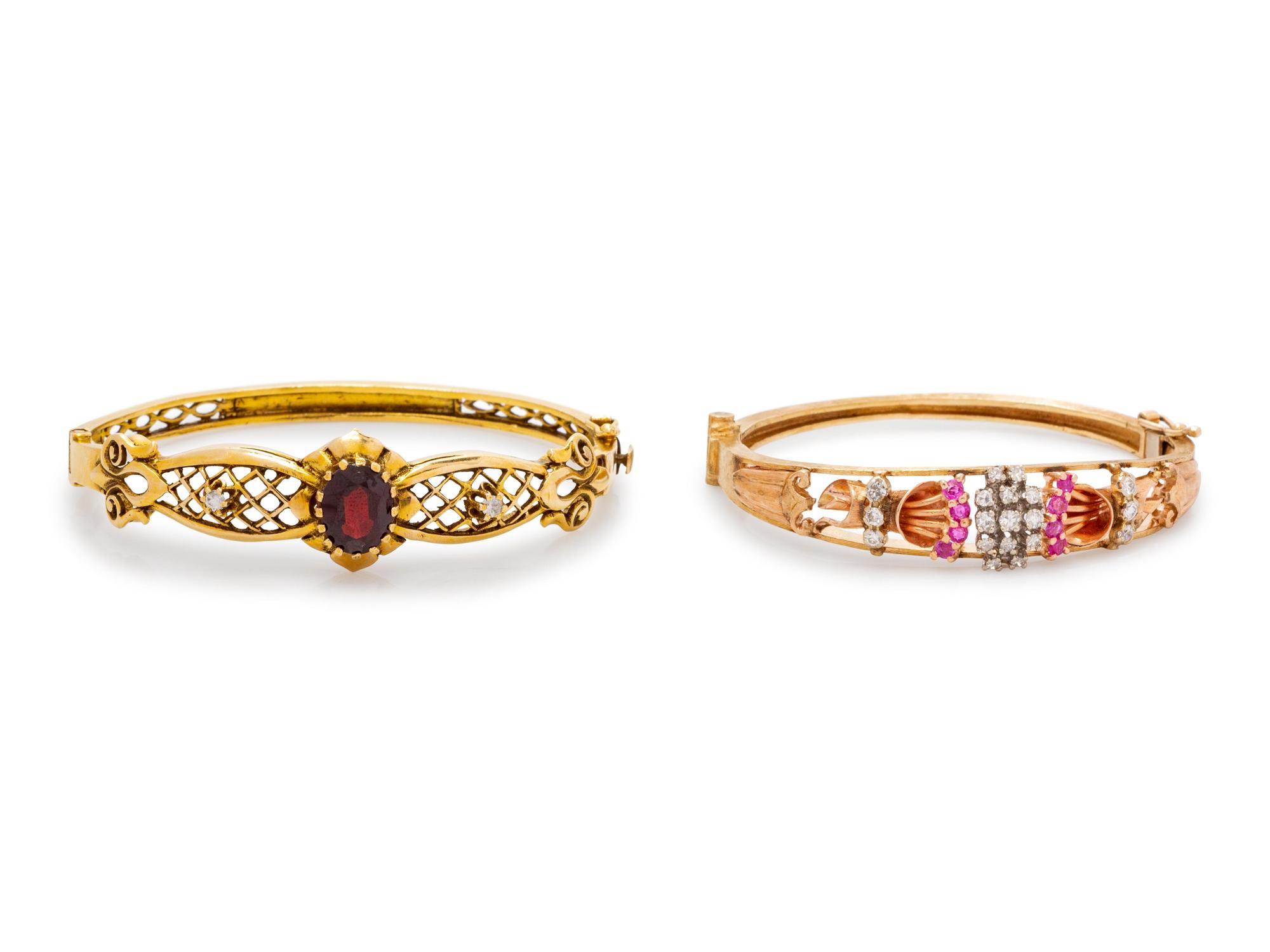 A Collection of Gold, Gemstone and Diamond Bangle Bracelets,
