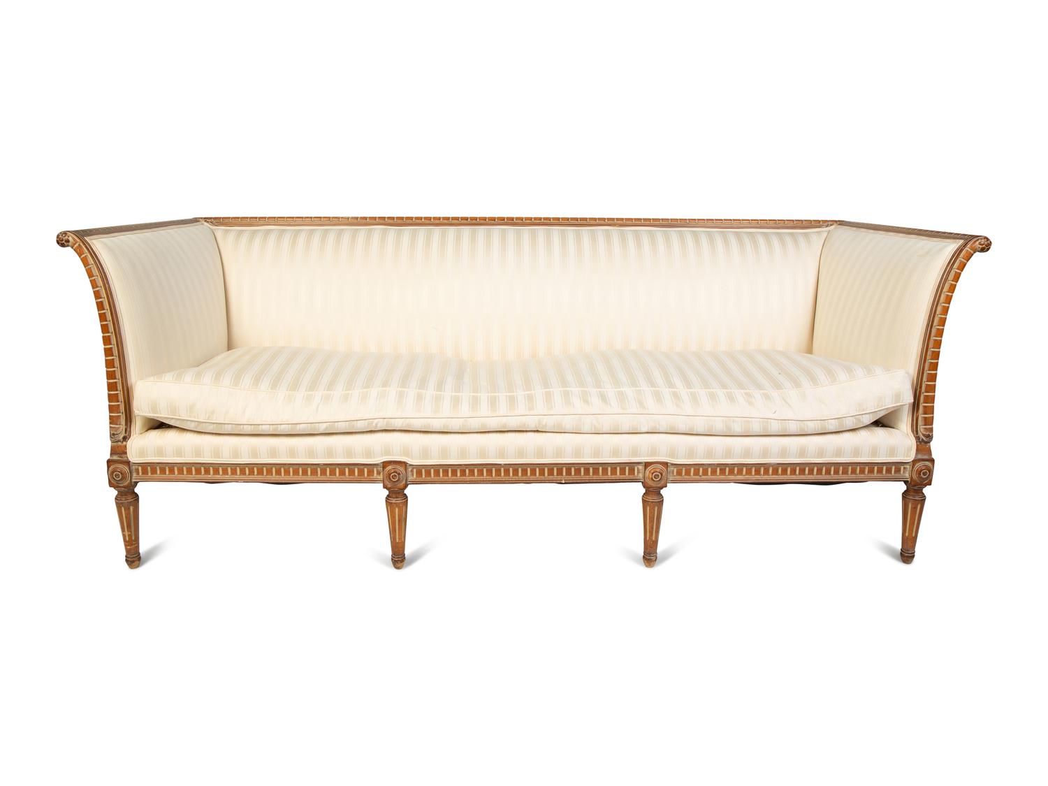 A Gustavian Style Carved Natural Wood Upholstered Sofa — 20TH CENTURY