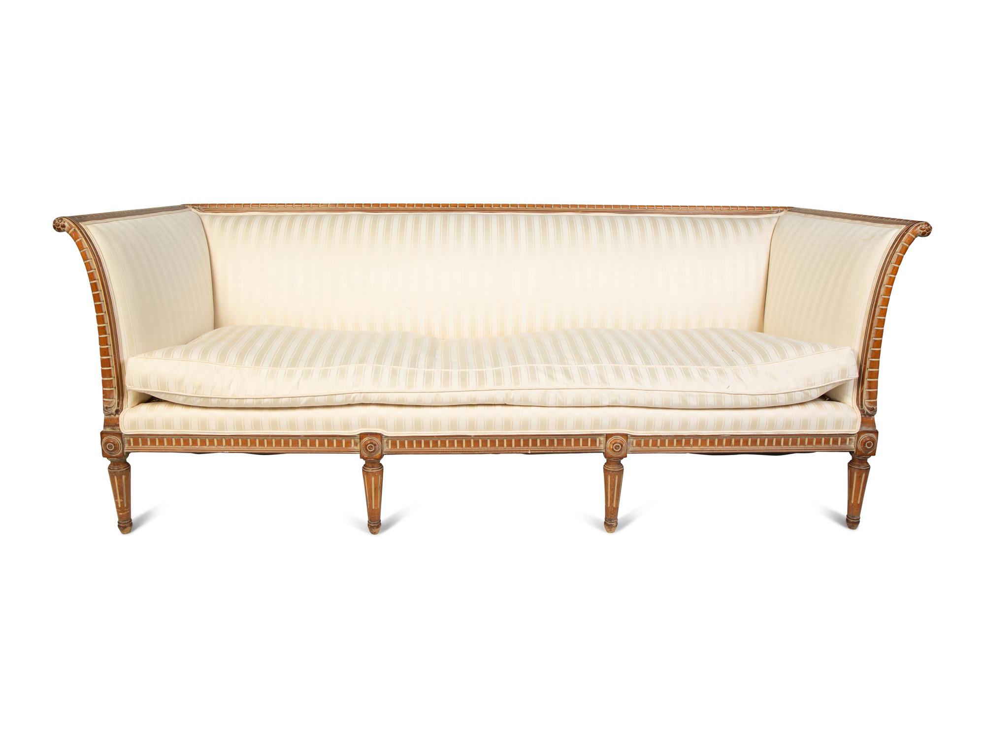 A Gustavian Style Carved Natural Wood Upholstered Sofa — 20TH CENTURY