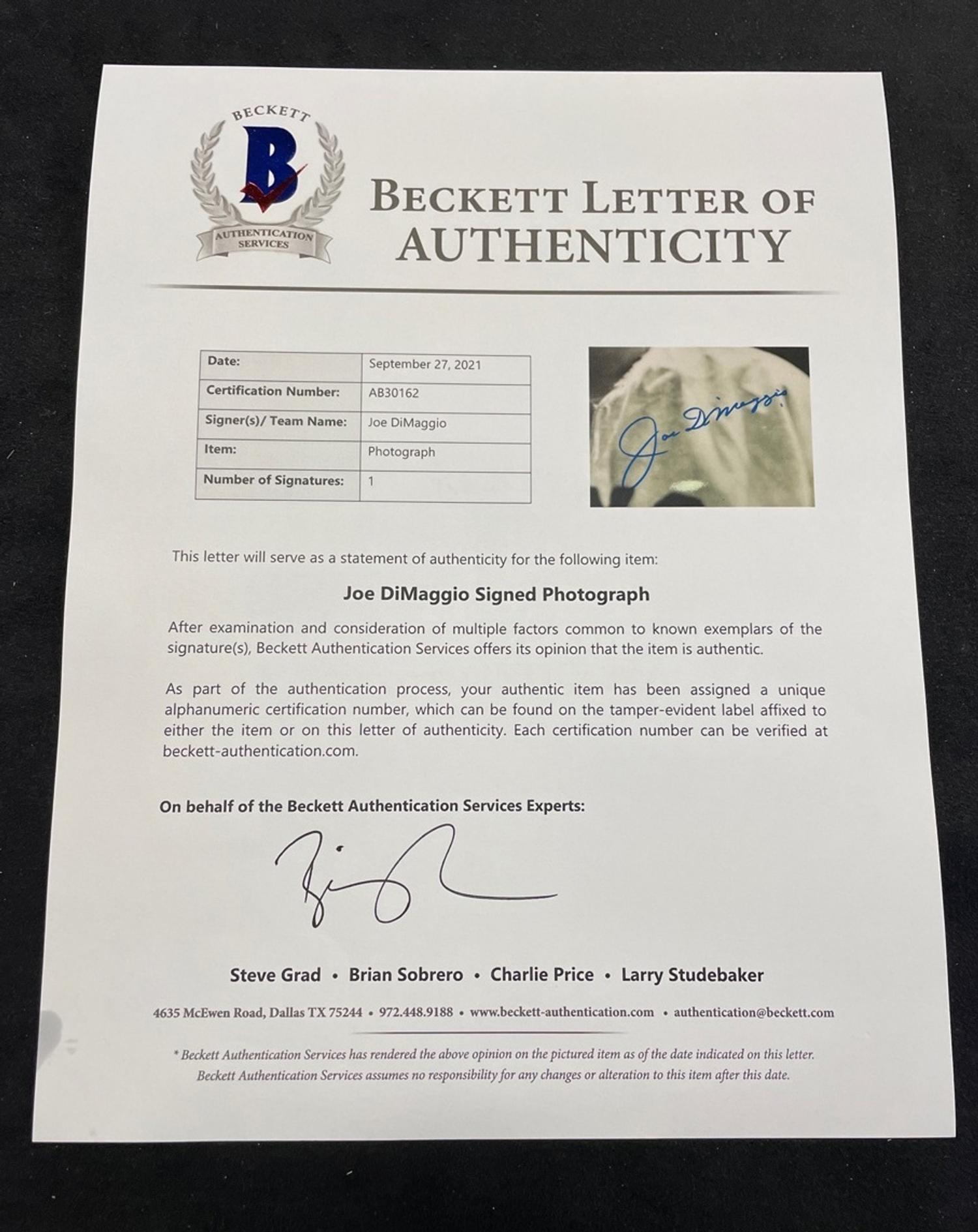 A Joe DiMaggio Signed Autograph Large Format Photograph (Beckett Authentication Services BAS Certified),