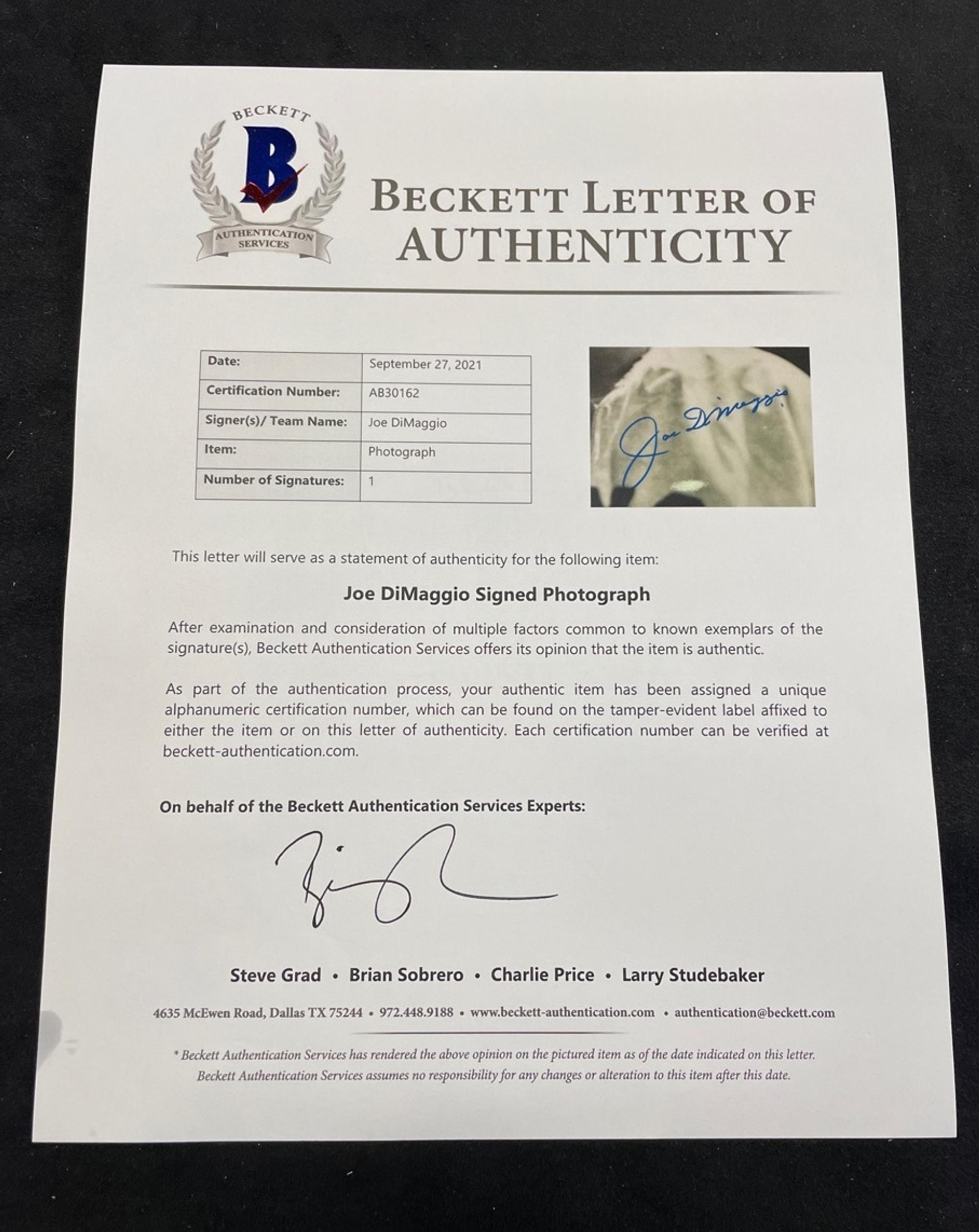 A Joe DiMaggio Signed Autograph Large Format Photograph (Beckett Authentication Services BAS Certified),