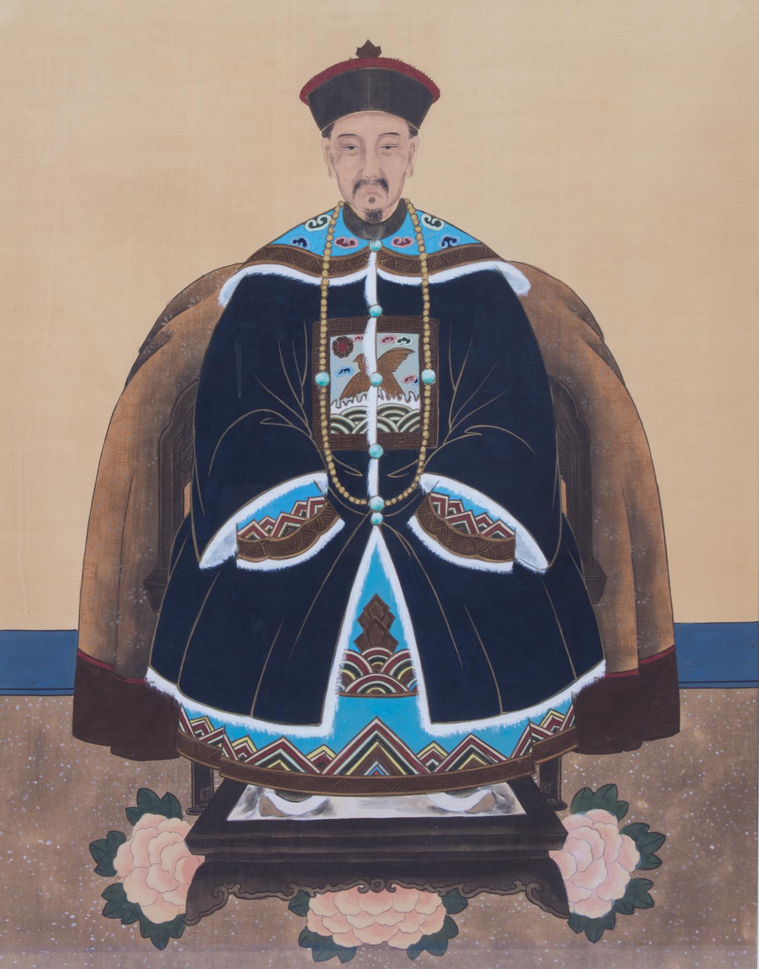 A Pair of Chinese Ancestor Portraits Framed 40 x 35 inches. — 19TH CENTURY