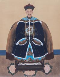A Pair of Chinese Ancestor Portraits Framed 40 x 35 inches. — 19TH CENTURY