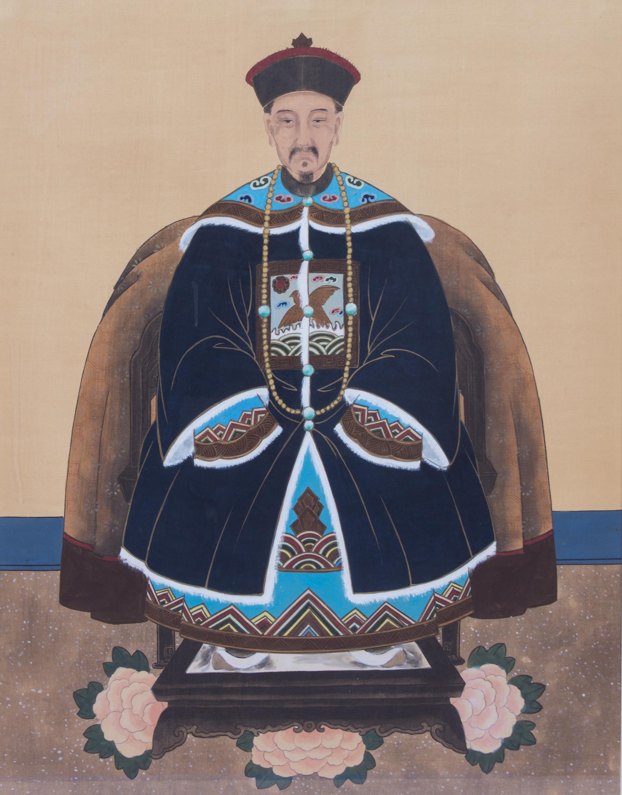 A Pair of Chinese Ancestor Portraits Framed 40 x 35 inches. — 19TH CENTURY