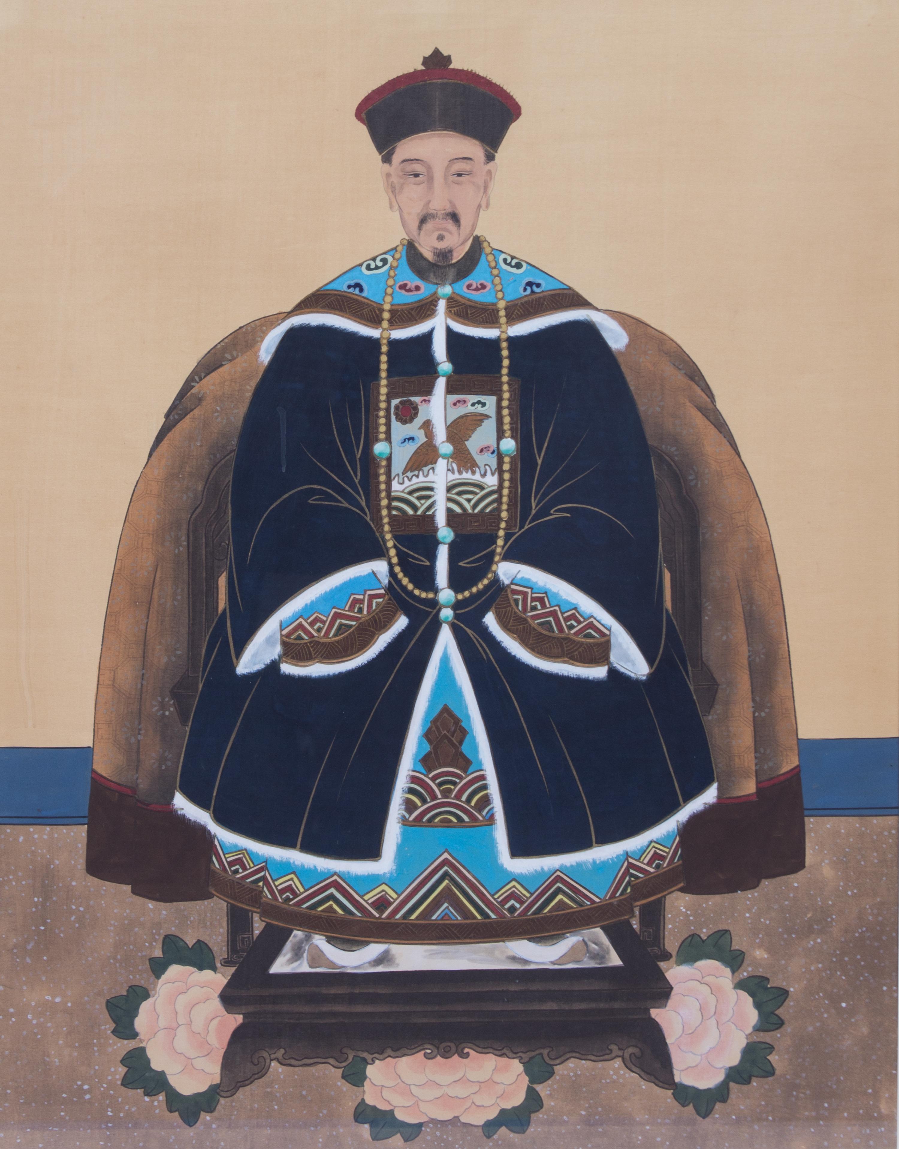 A Pair of Chinese Ancestor Portraits Framed 40 x 35 inches. — 19TH CENTURY