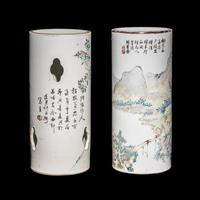 Two Chinese Qianjiang Enameled Porcelain Hat Stands, Late Qing Dynasty 清晚期 淺絳彩花鳥山水詩文帽筒兩件