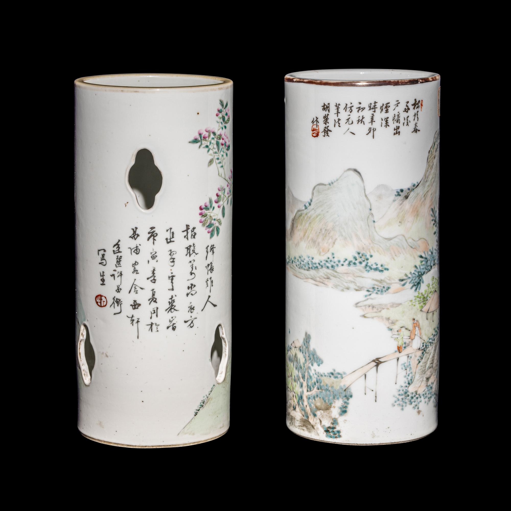 Two Chinese Qianjiang Enameled Porcelain Hat Stands, Late Qing Dynasty 清晚期 淺絳彩花鳥山水詩文帽筒兩件