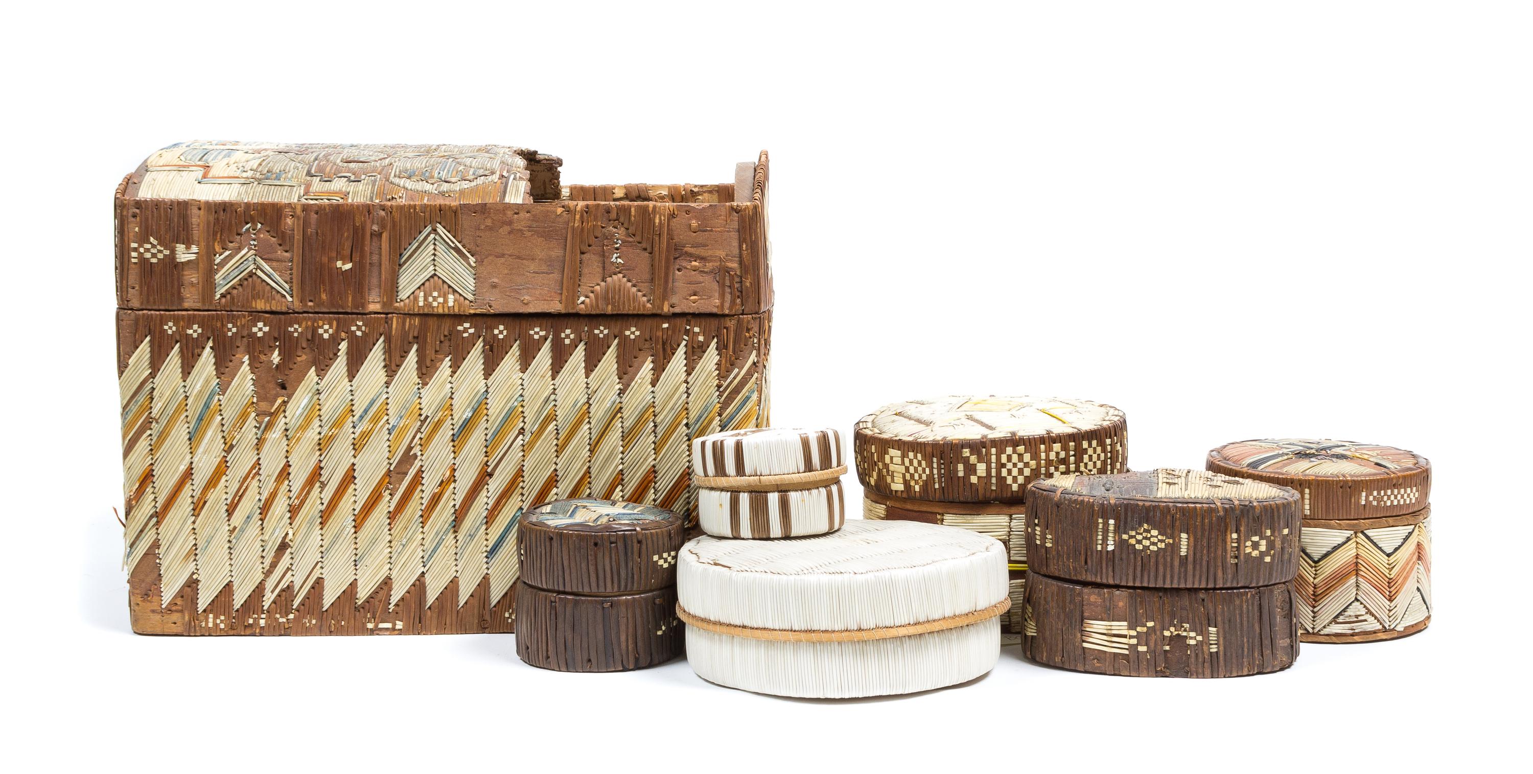 Seven Micmac Quilled Trinket Boxes. Height of largest 19 x length 10 1/2 x depth 7 3/4 inches.