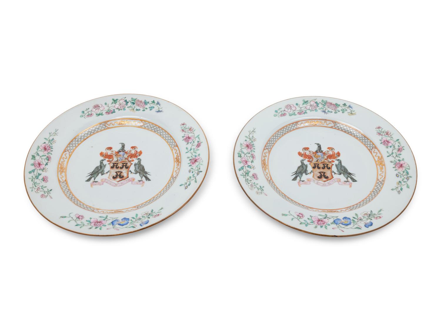 A Pair of Chinese Export Porcelain Armorial Chargers Bearing the Arms of Rose