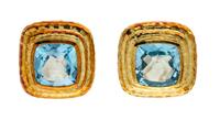 A Pair of 18 Karat Yellow Gold and Blue Topaz Earclips, MAZ, 13.40 dwts.
