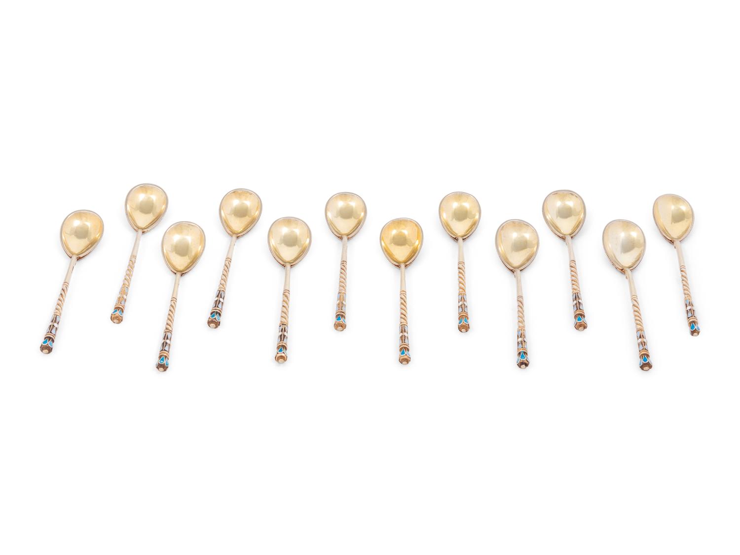 A Set of Twelve Russian Enameled Silver Coffee Spoons