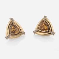 A Pair of Citrine, Diamond, and 18K Yellow Gold Earrings