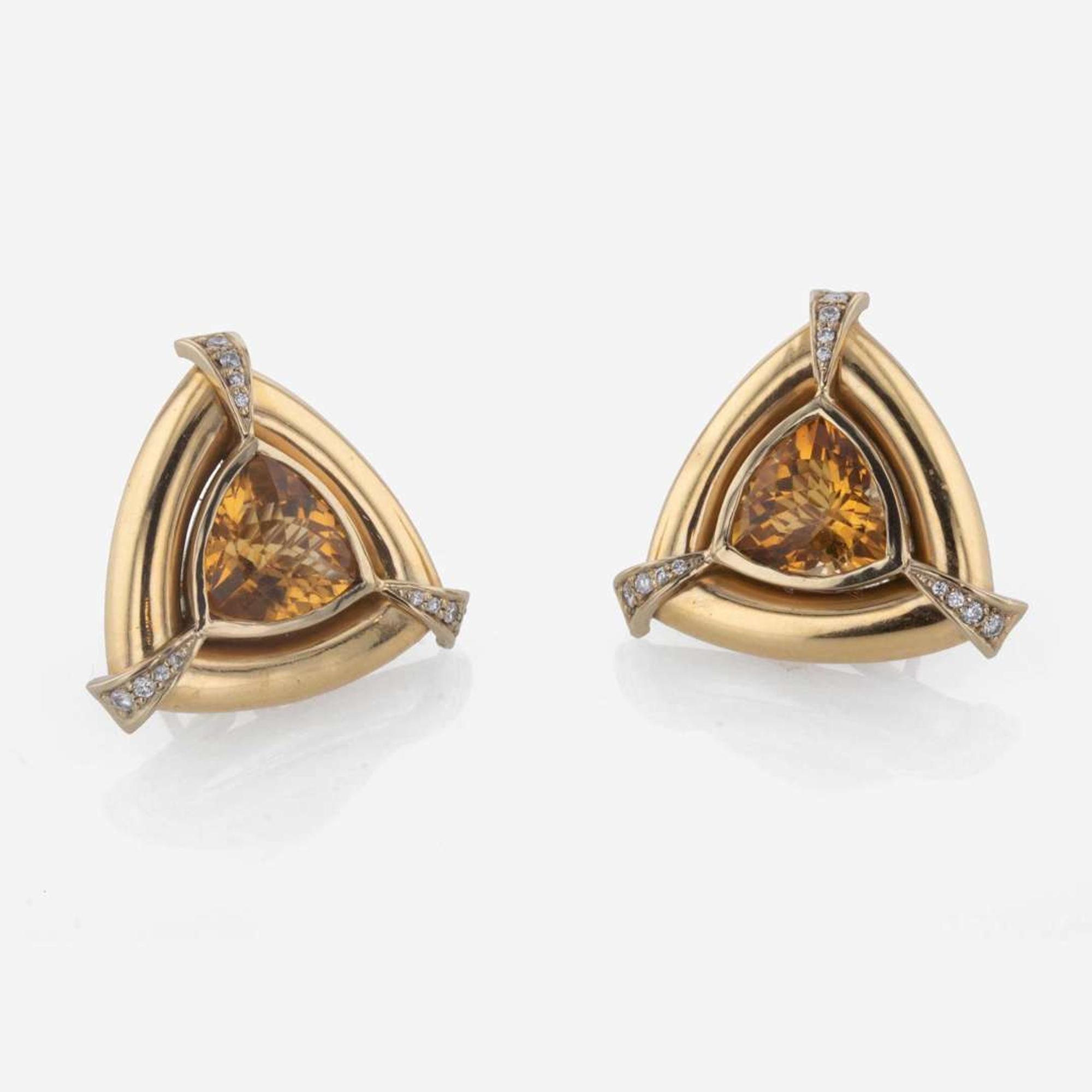 A Pair of Citrine, Diamond, and 18K Yellow Gold Earrings