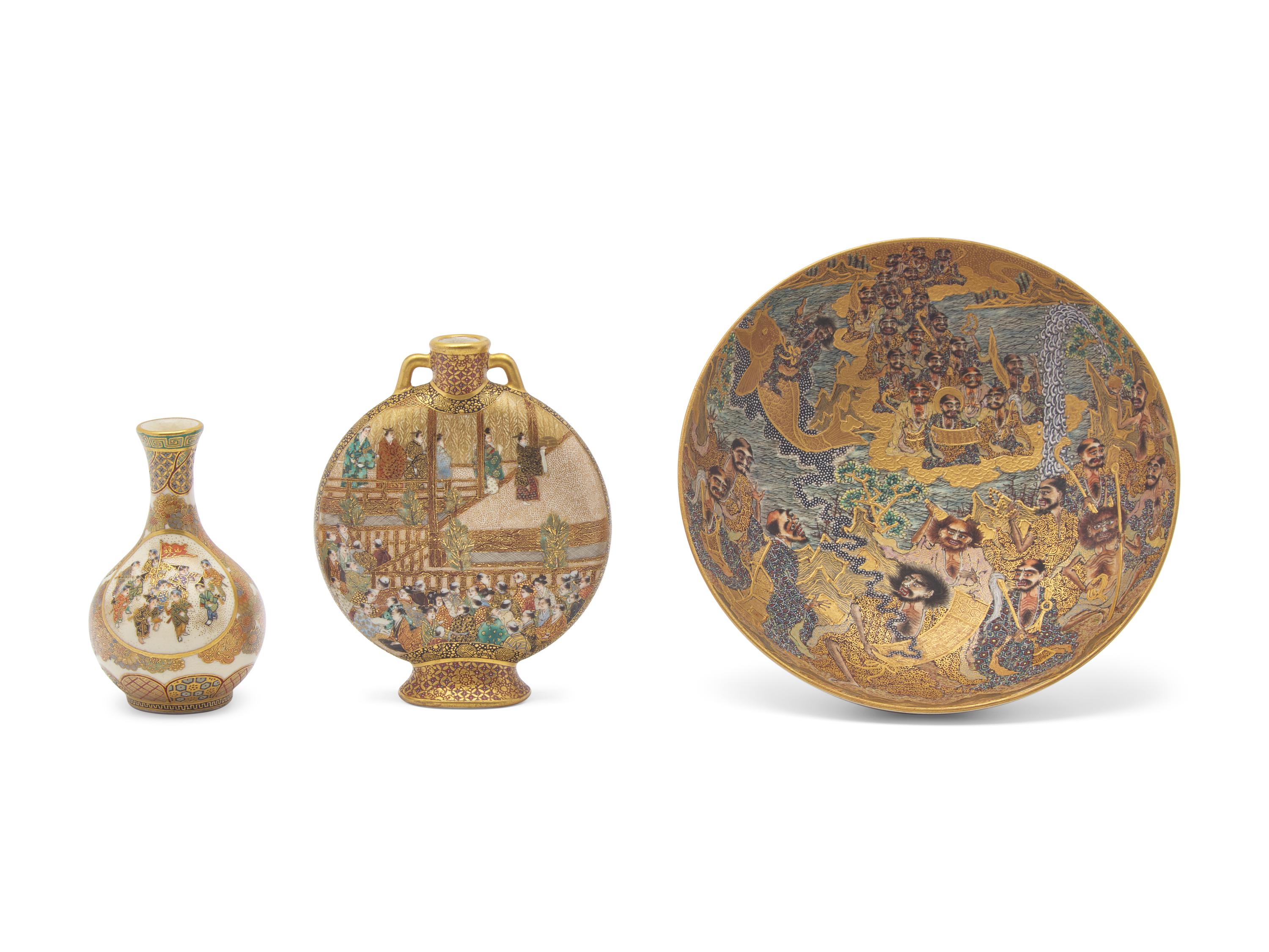 Three Small Japanese Satsuma-Type Cabinet Pieces, Meiji Period, Late 19th/Early 20th Century