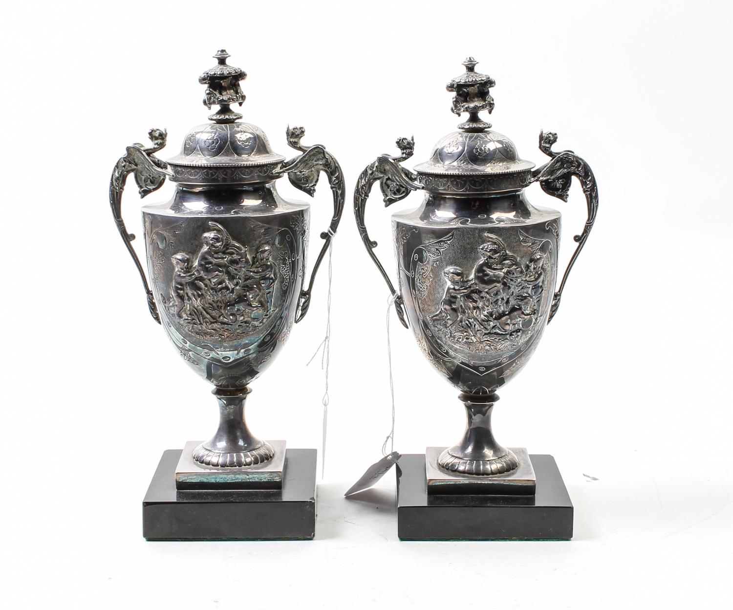 A Pair of Neoclassical Silver-Plate Urns Height of urns 9 3/4 inches. — 19TH/20TH CENTURY