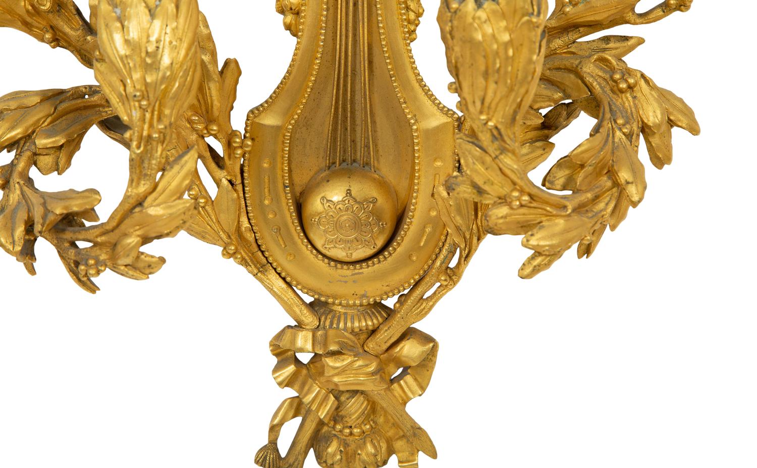 A Pair of French Gilt Bronze Lyre-Form Four-Light Sconces